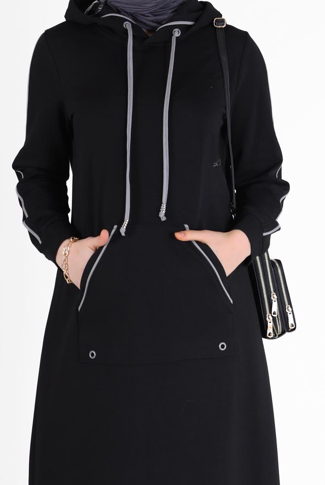 Vêtements hijab NOIR ROBE DE SURVÊTEMENT À CAPUCHE AVEC POCHES 42351 - ALVİNA