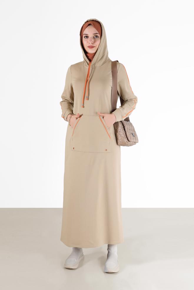 Vêtements hijab BEIGE ROBE DE SURVÊTEMENT À CAPUCHE AVEC POCHES 42351 - ALVİNA