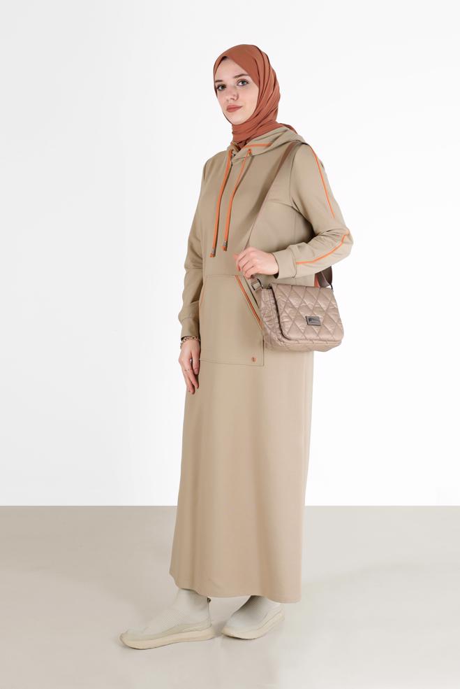Vêtements hijab BEIGE ROBE DE SURVÊTEMENT À CAPUCHE AVEC POCHES 42351 - ALVİNA