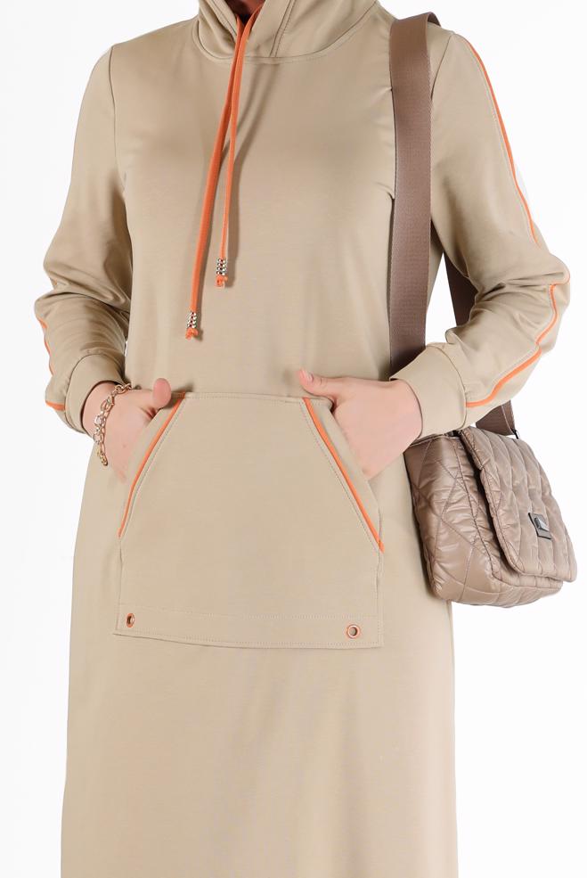 Vêtements hijab BEIGE ROBE DE SURVÊTEMENT À CAPUCHE AVEC POCHES 42351 - ALVİNA