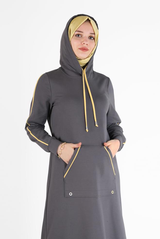 Vêtements hijab GRIS ROBE DE SURVÊTEMENT À CAPUCHE AVEC POCHES 42351 - ALVİNA