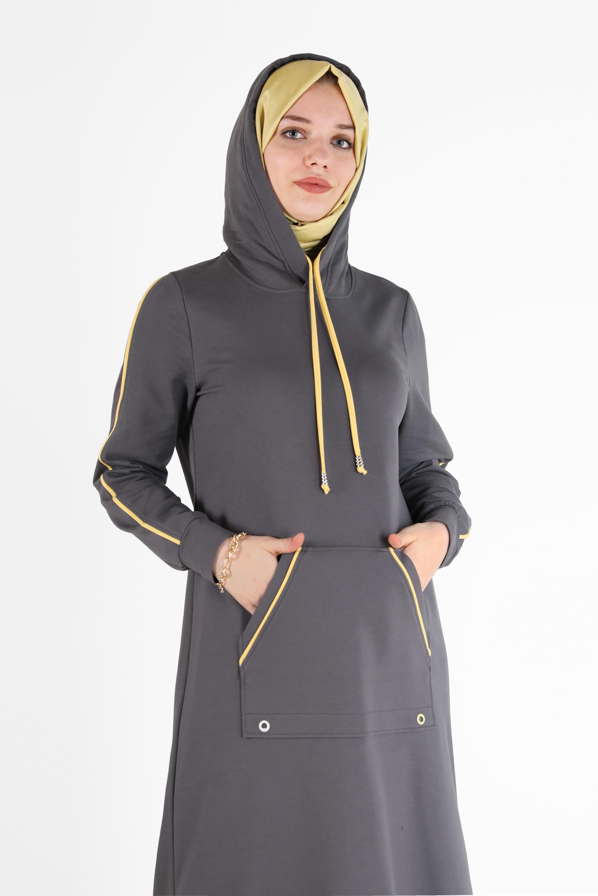 Tesettür giyim GRİ KAPÜŞONLU CEP DETAYLI EŞOFMAN ELBİSE 42351 