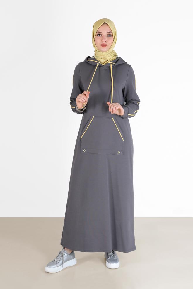 Vêtements hijab GRIS ROBE DE SURVÊTEMENT À CAPUCHE AVEC POCHES 42351 - ALVİNA