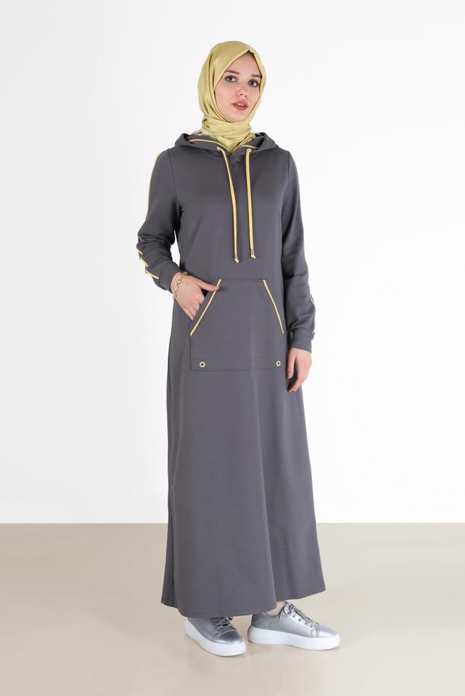 Vêtements hijab GRIS ROBE DE SURVÊTEMENT À CAPUCHE AVEC POCHES 42351 - ALVİNA