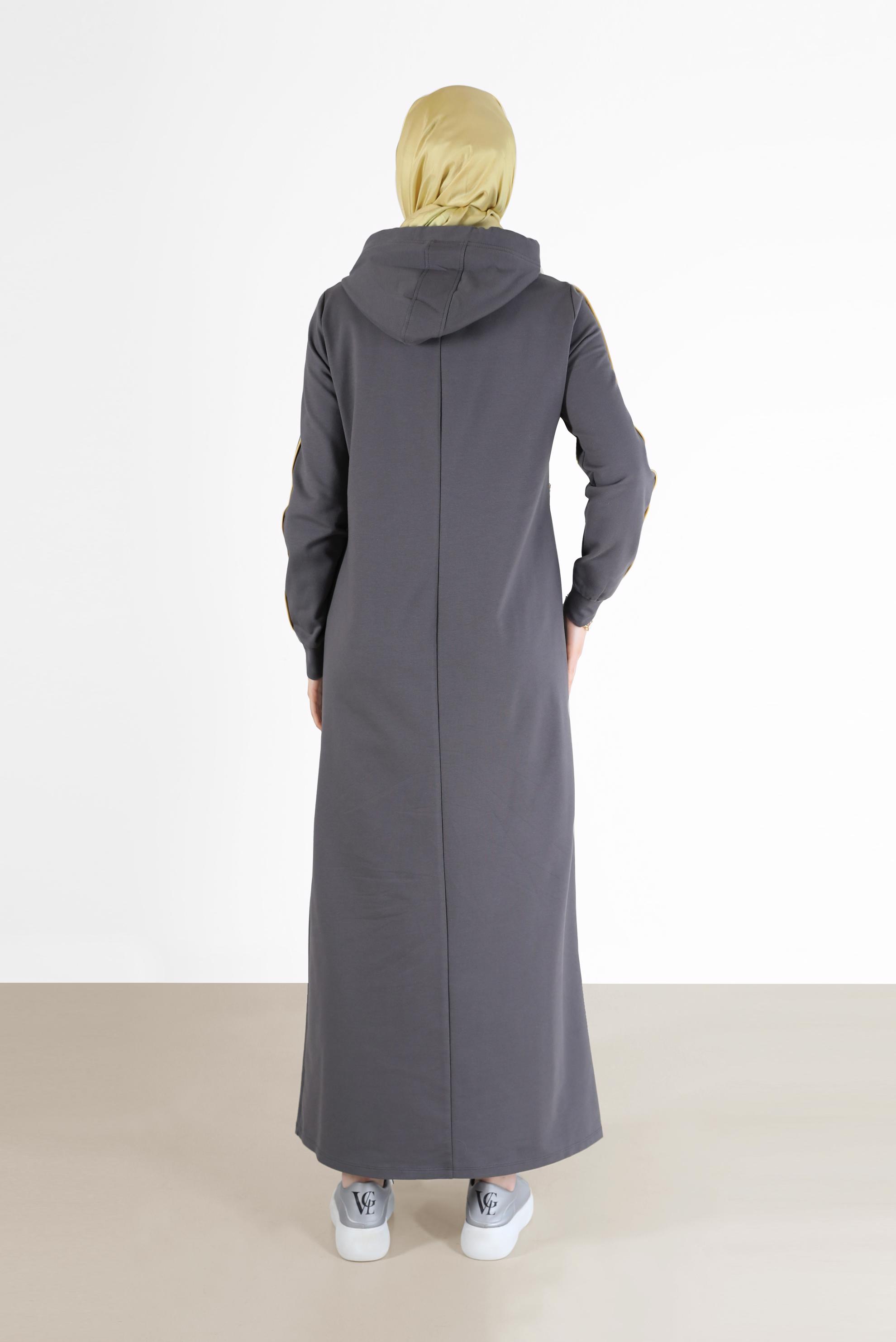 Tesettür giyim GRİ KAPÜŞONLU CEP DETAYLI EŞOFMAN ELBİSE 42351 