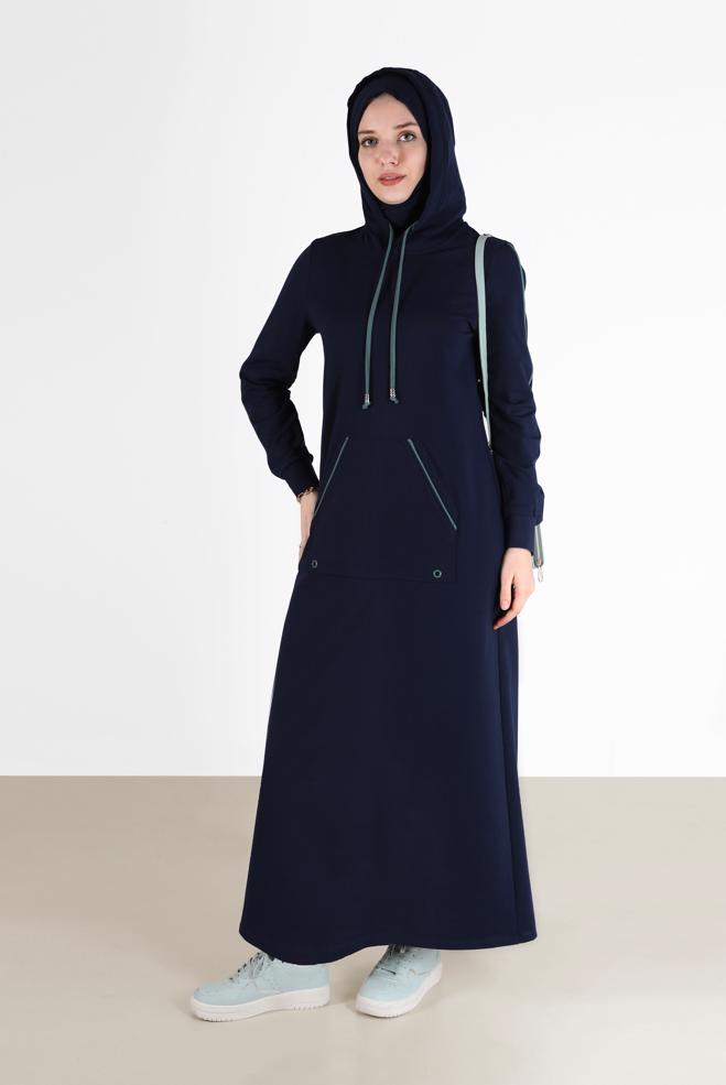 Vêtements hijab BLEU MARINE ROBE DE SURVÊTEMENT À CAPUCHE AVEC POCHES 42351 - ALVİNA