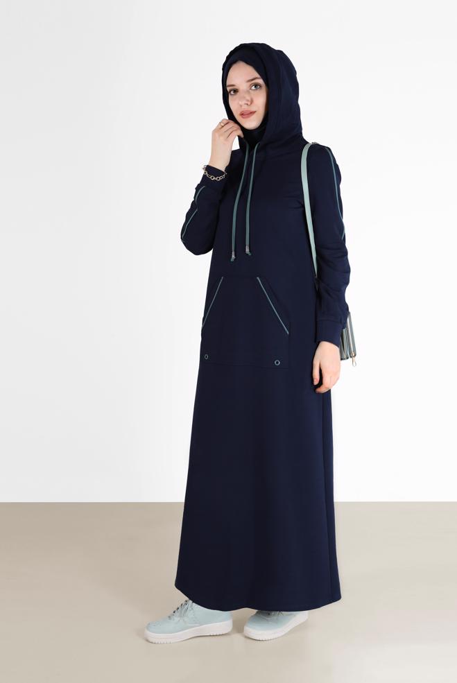 Vêtements hijab BLEU MARINE ROBE DE SURVÊTEMENT À CAPUCHE AVEC POCHES 42351 - ALVİNA