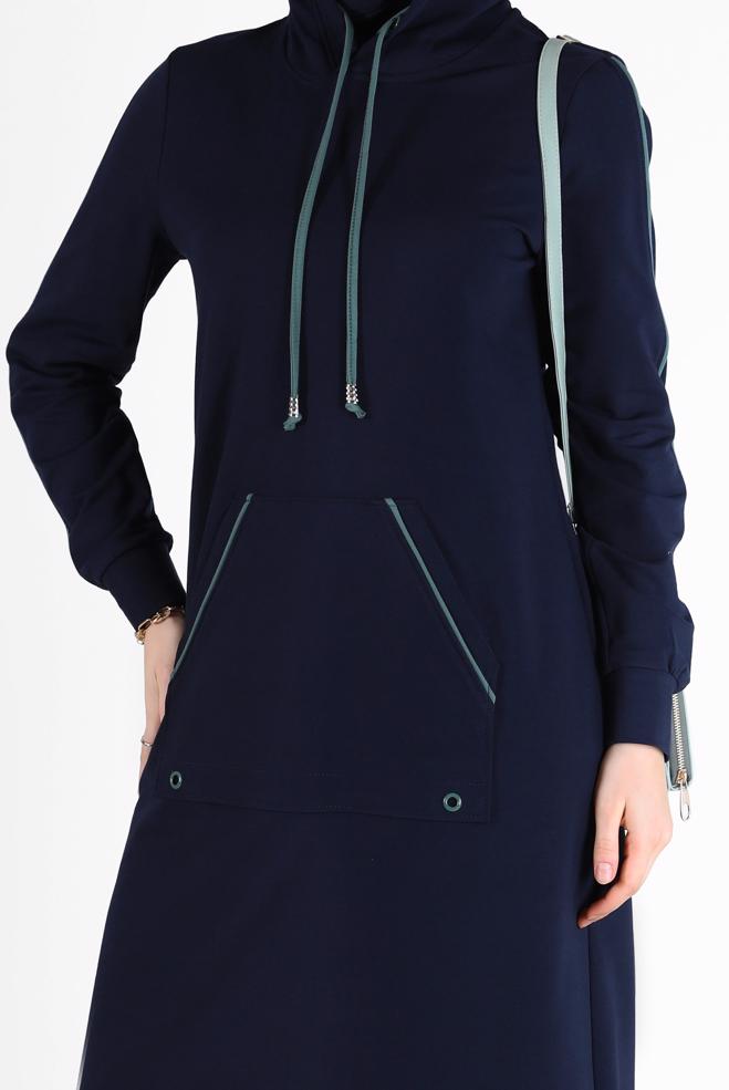 Vêtements hijab BLEU MARINE ROBE DE SURVÊTEMENT À CAPUCHE AVEC POCHES 42351 - ALVİNA