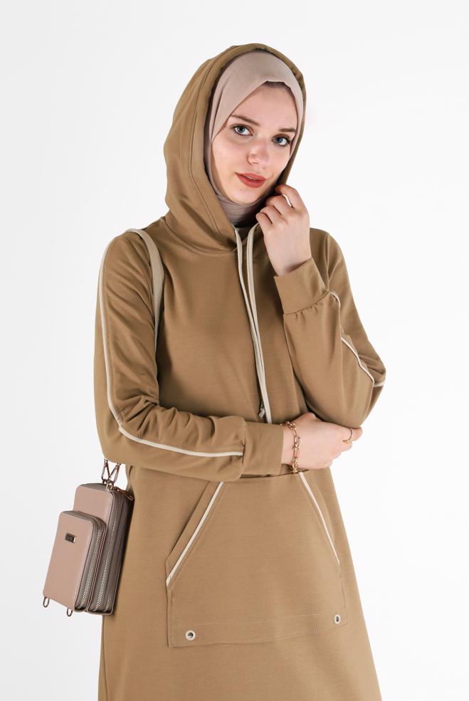 Vêtements hijab BRUN ROBE DE SURVÊTEMENT À CAPUCHE AVEC POCHES 42351 - ALVİNA