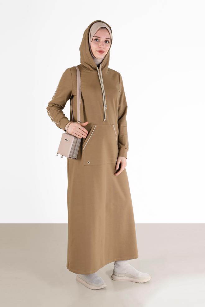 Vêtements hijab BRUN ROBE DE SURVÊTEMENT À CAPUCHE AVEC POCHES 42351 - ALVİNA