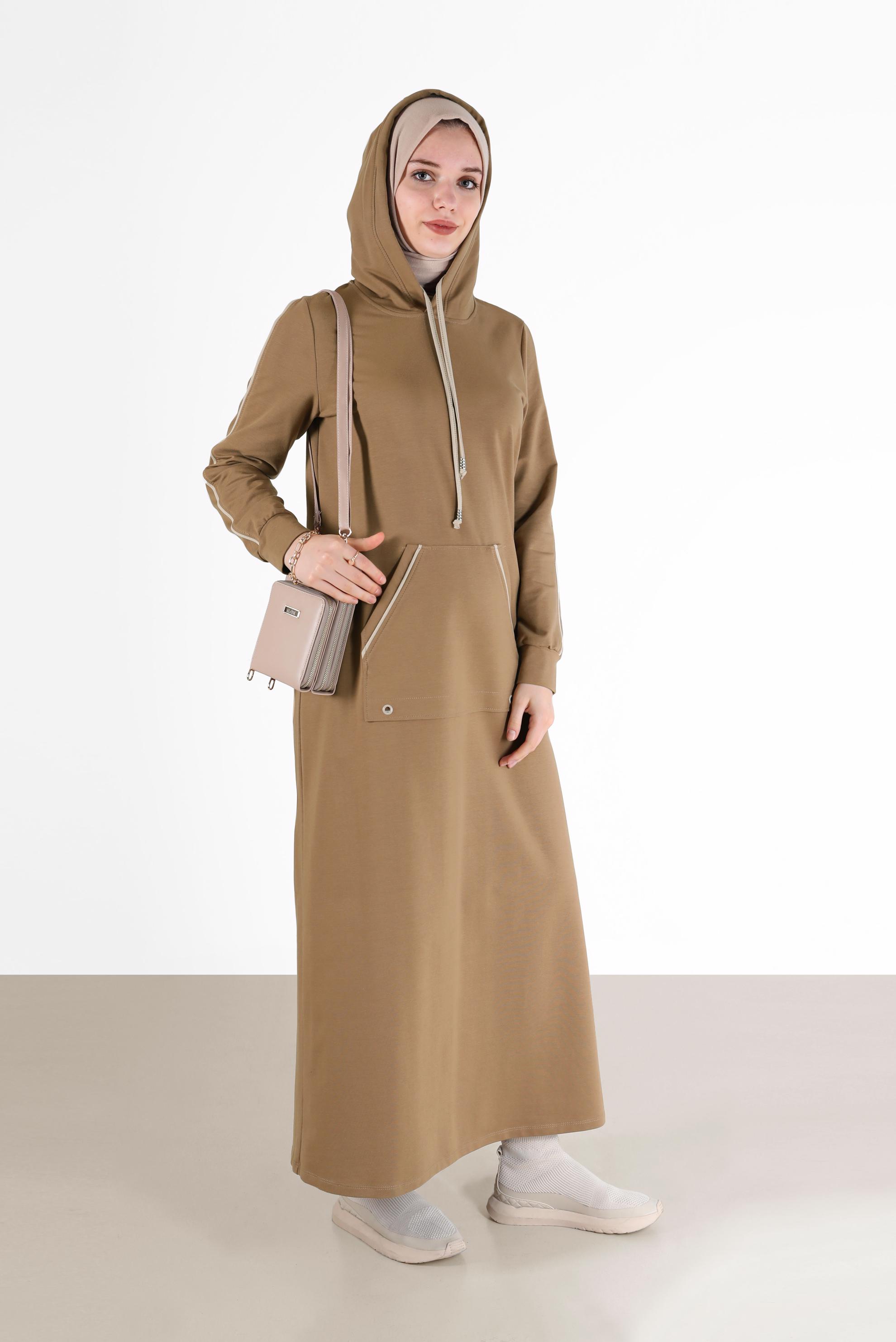 Hijab clothing BROWN HOODED POCKET DETAIL TRACKSUIT DRESS 42351 