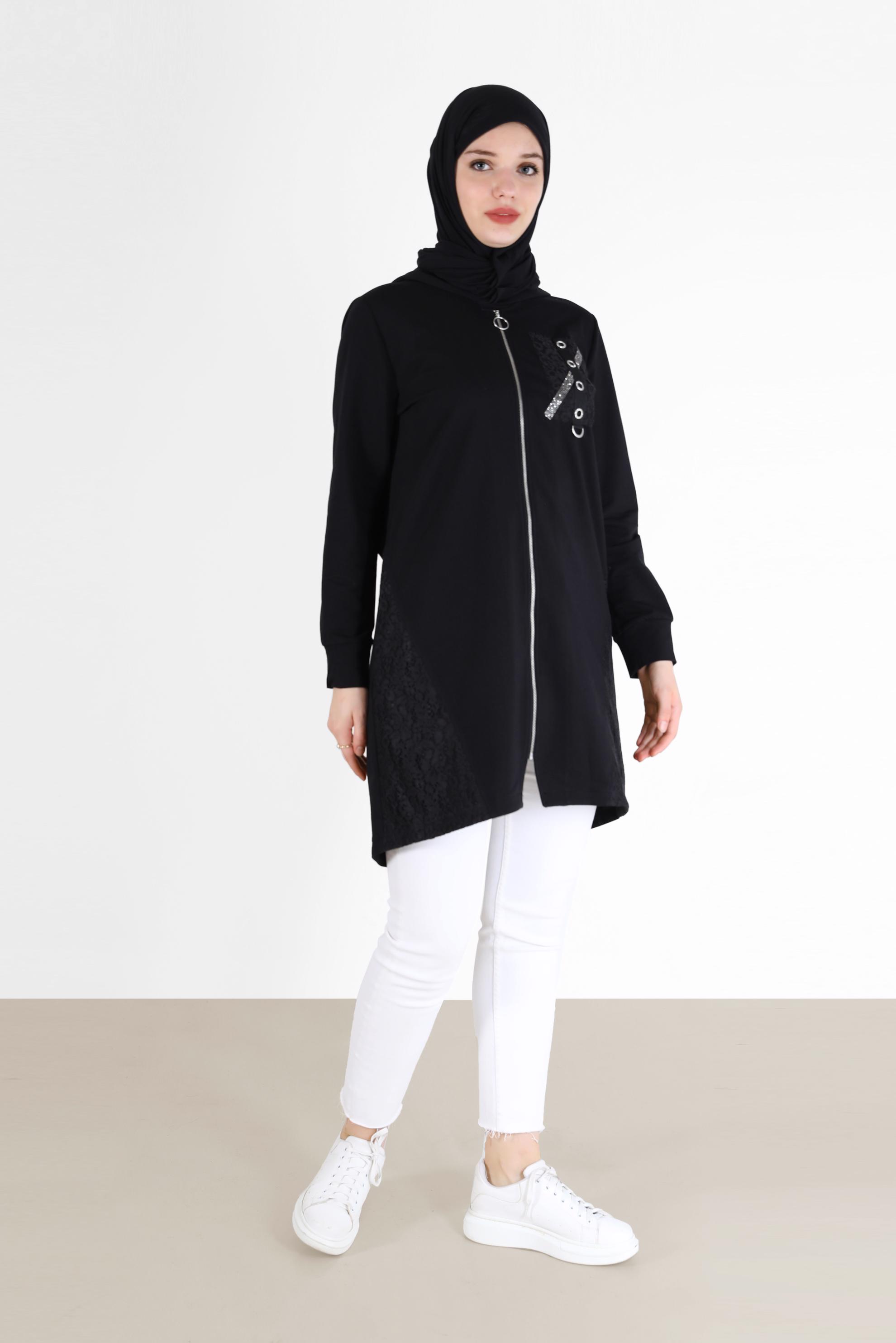 Tesettür giyim SİYAH KUŞGÖZÜ DETAYLI GÜPÜRLÜ EŞOFMAN TUNİK 42440 