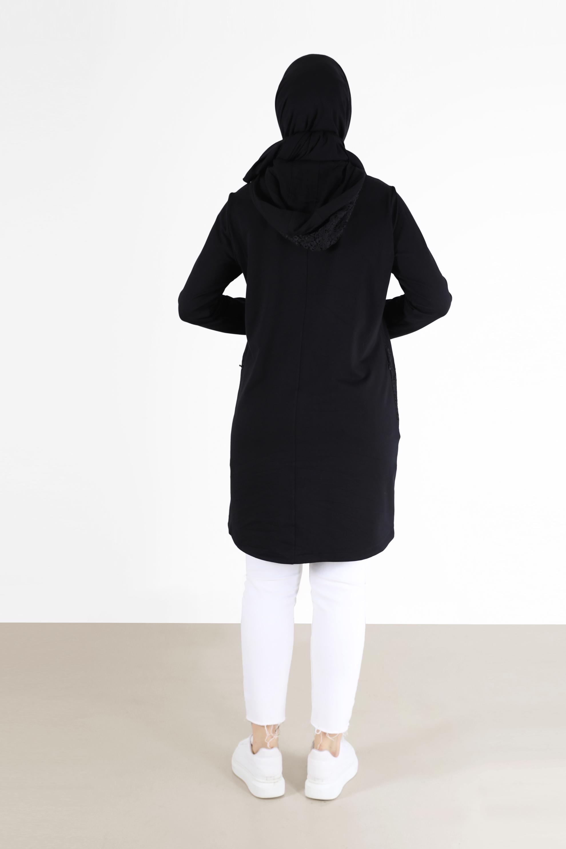 Tesettür giyim SİYAH KUŞGÖZÜ DETAYLI GÜPÜRLÜ EŞOFMAN TUNİK 42440 