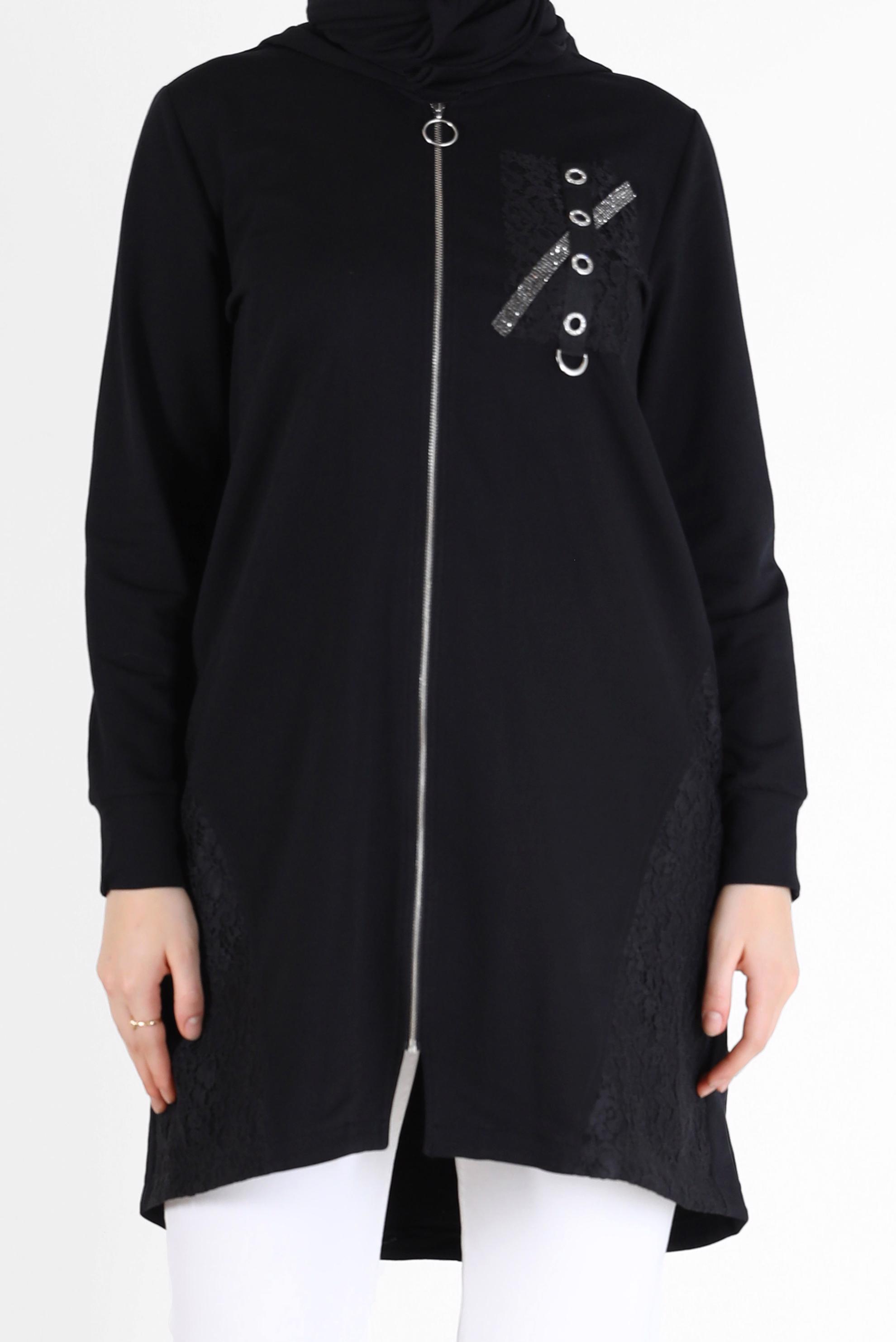 Tesettür giyim SİYAH KUŞGÖZÜ DETAYLI GÜPÜRLÜ EŞOFMAN TUNİK 42440 