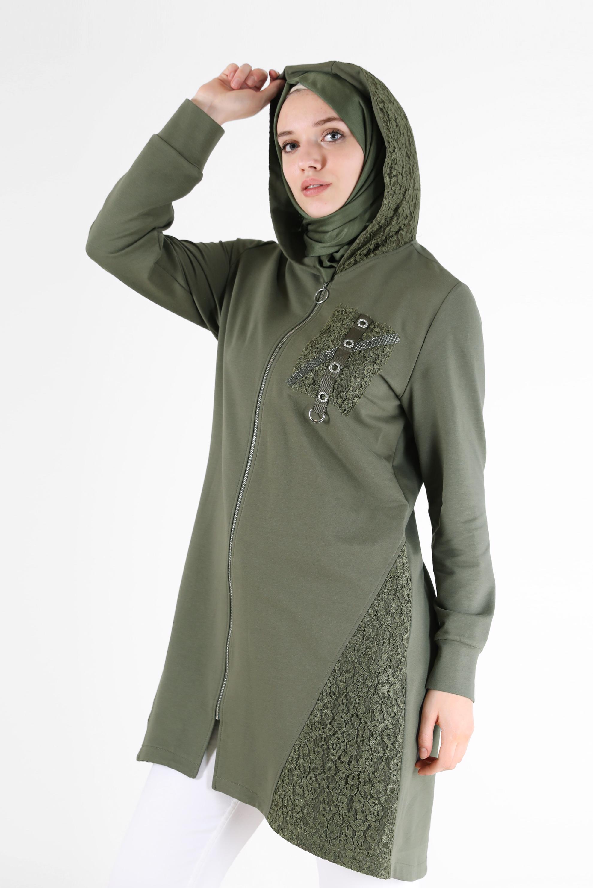 Tesettür giyim HAKİ KUŞGÖZÜ DETAYLI GÜPÜRLÜ EŞOFMAN TUNİK 42440 