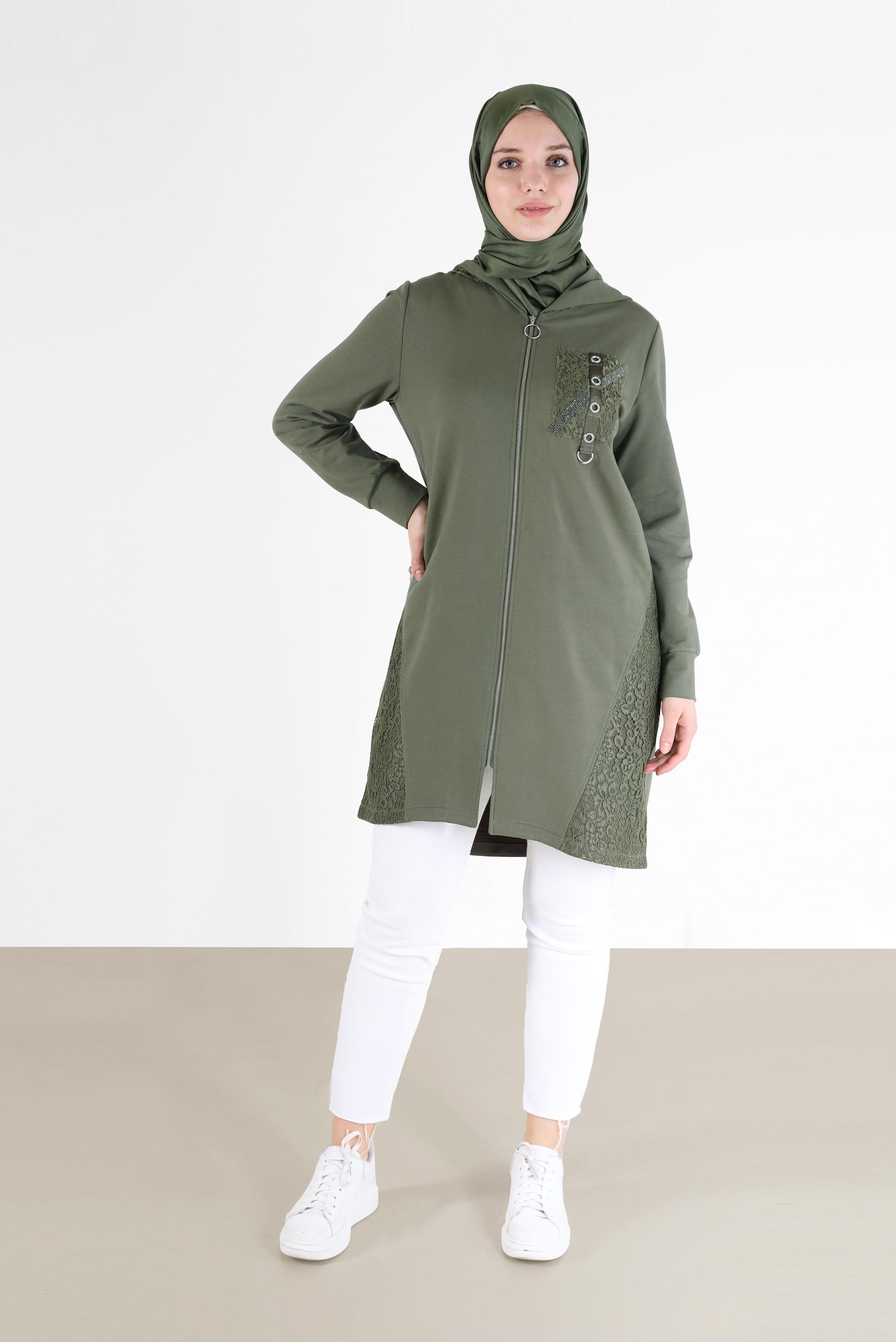 Tesettür giyim HAKİ KUŞGÖZÜ DETAYLI GÜPÜRLÜ EŞOFMAN TUNİK 42440 