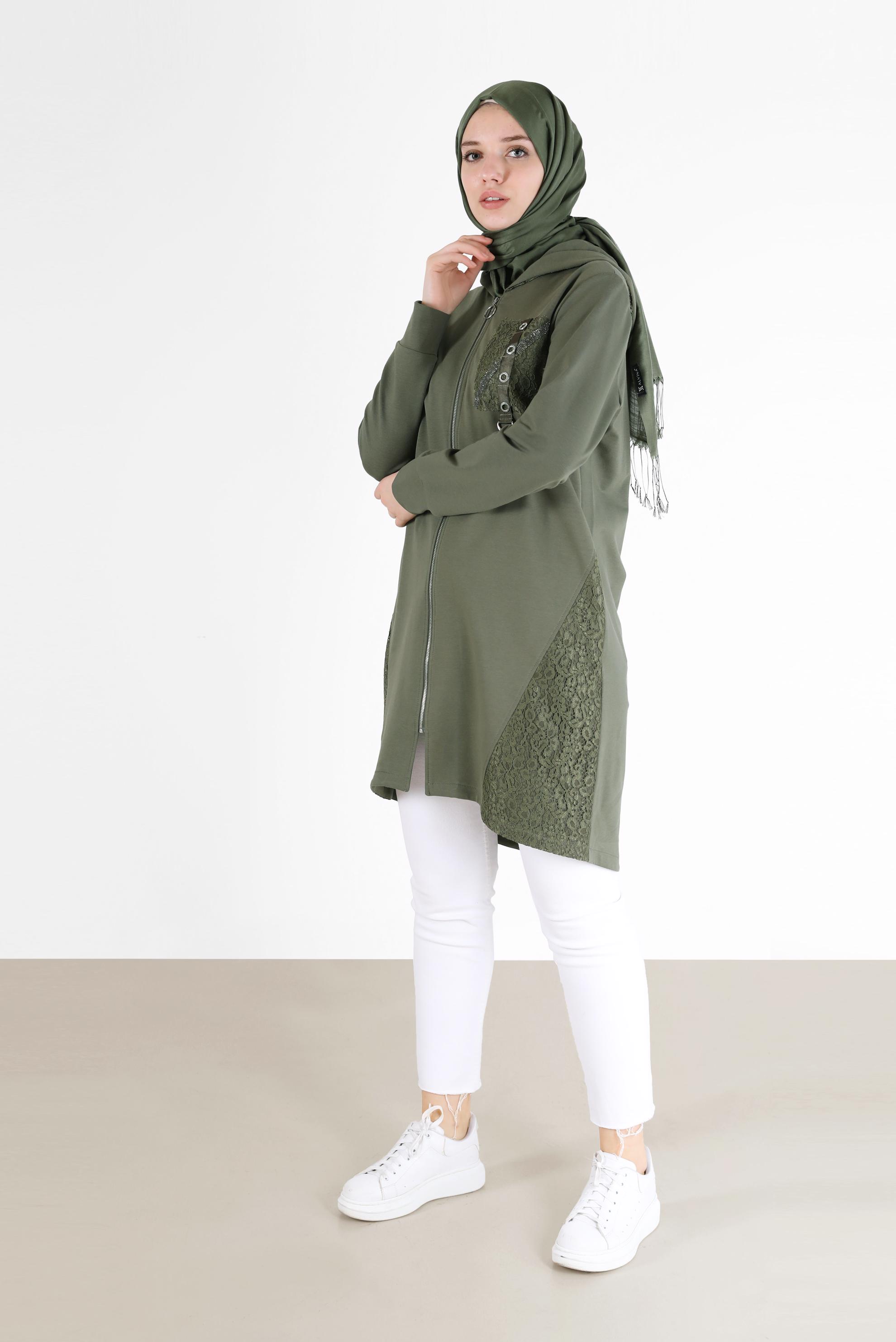 Tesettür giyim HAKİ KUŞGÖZÜ DETAYLI GÜPÜRLÜ EŞOFMAN TUNİK 42440 