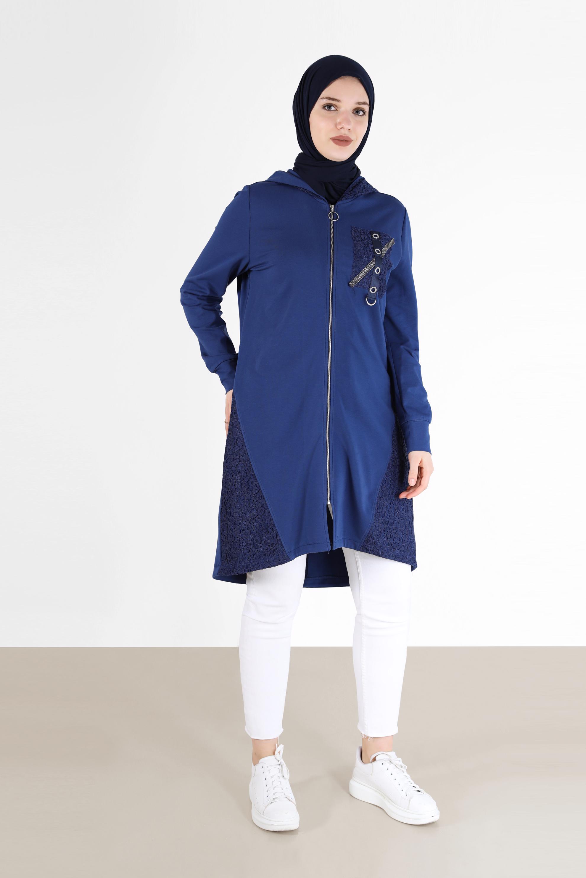 Tesettür giyim LACİVERT KUŞGÖZÜ DETAYLI GÜPÜRLÜ EŞOFMAN TUNİK 42440 