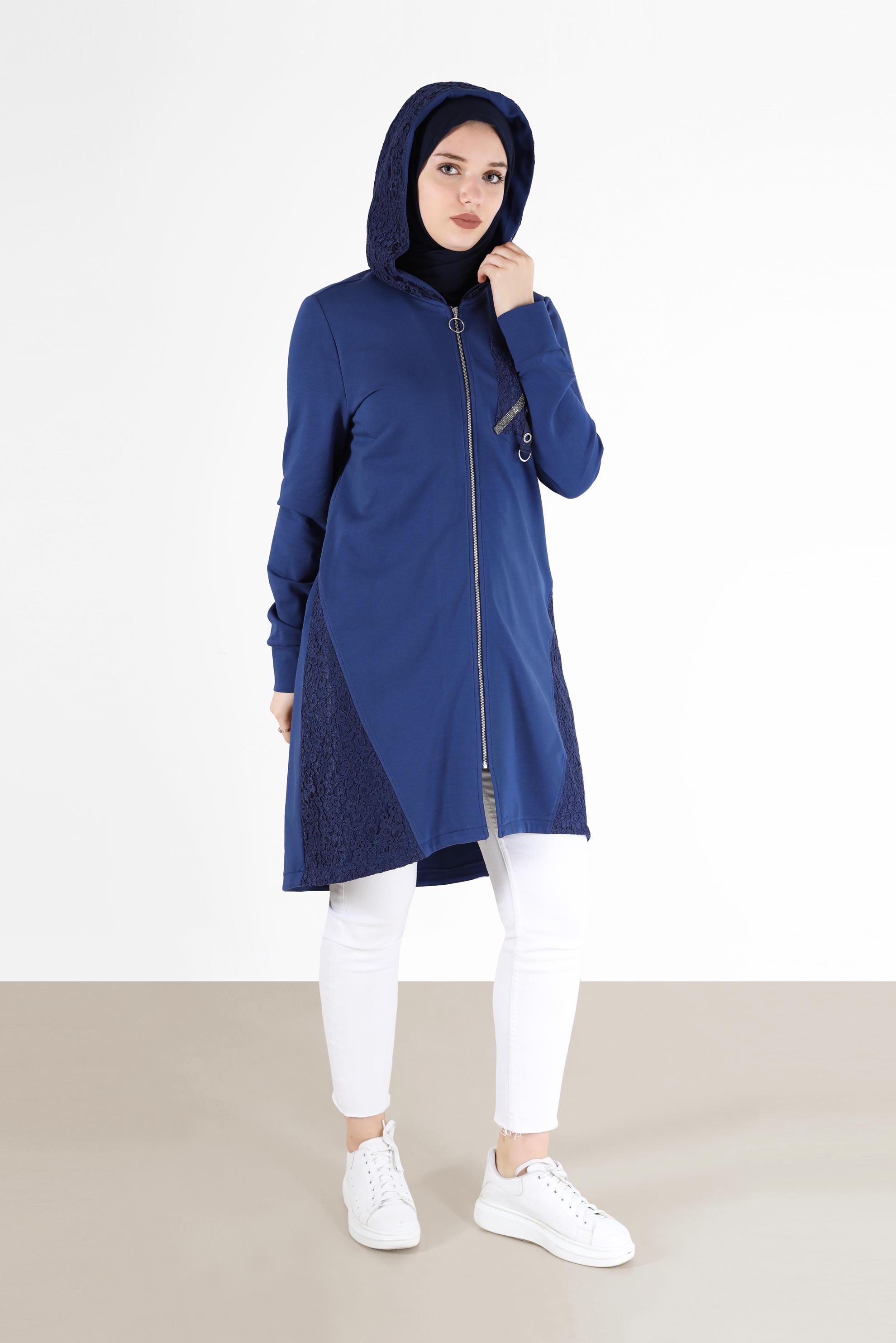 Tesettür giyim LACİVERT KUŞGÖZÜ DETAYLI GÜPÜRLÜ EŞOFMAN TUNİK 42440 