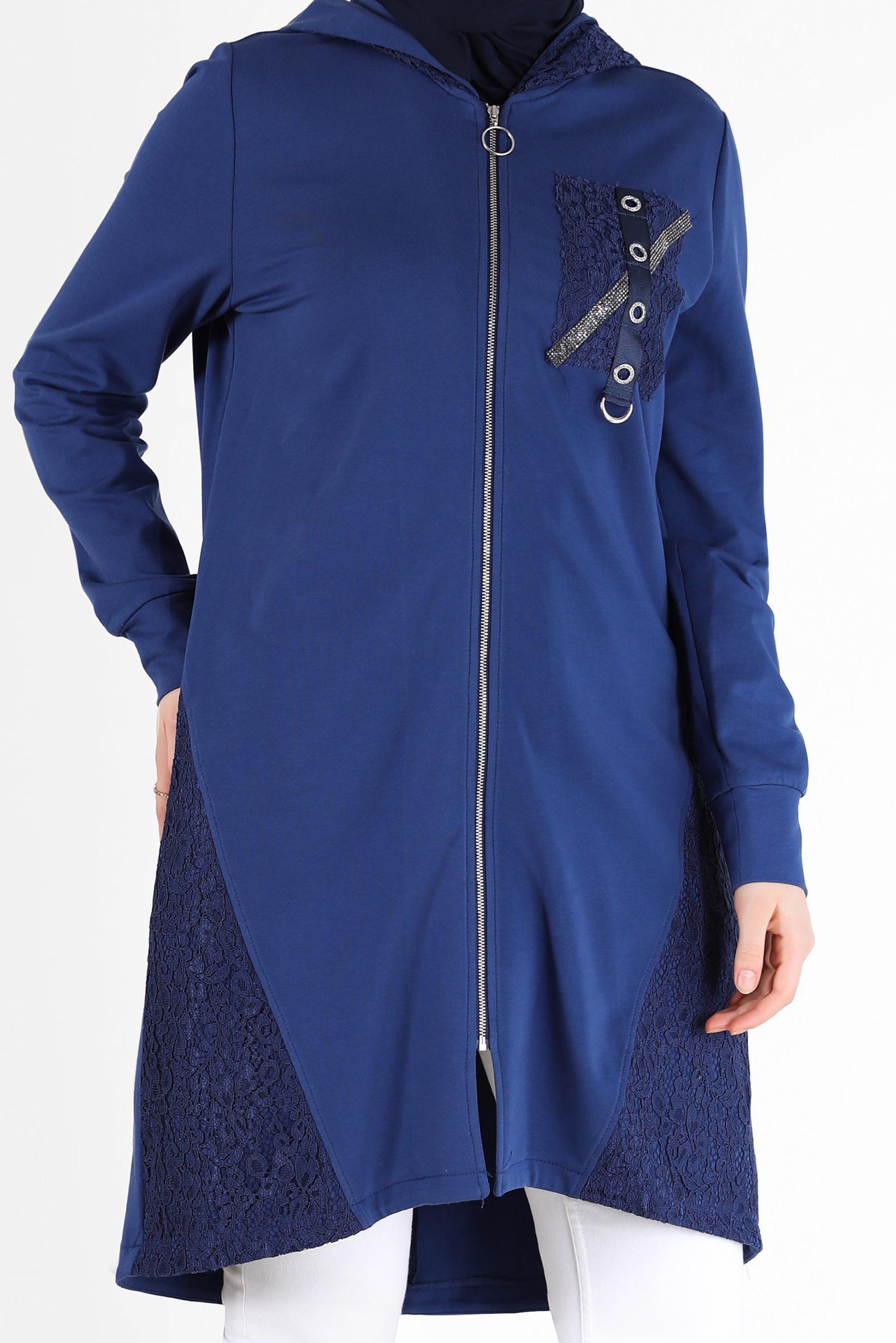 Tesettür giyim LACİVERT KUŞGÖZÜ DETAYLI GÜPÜRLÜ EŞOFMAN TUNİK 42440 