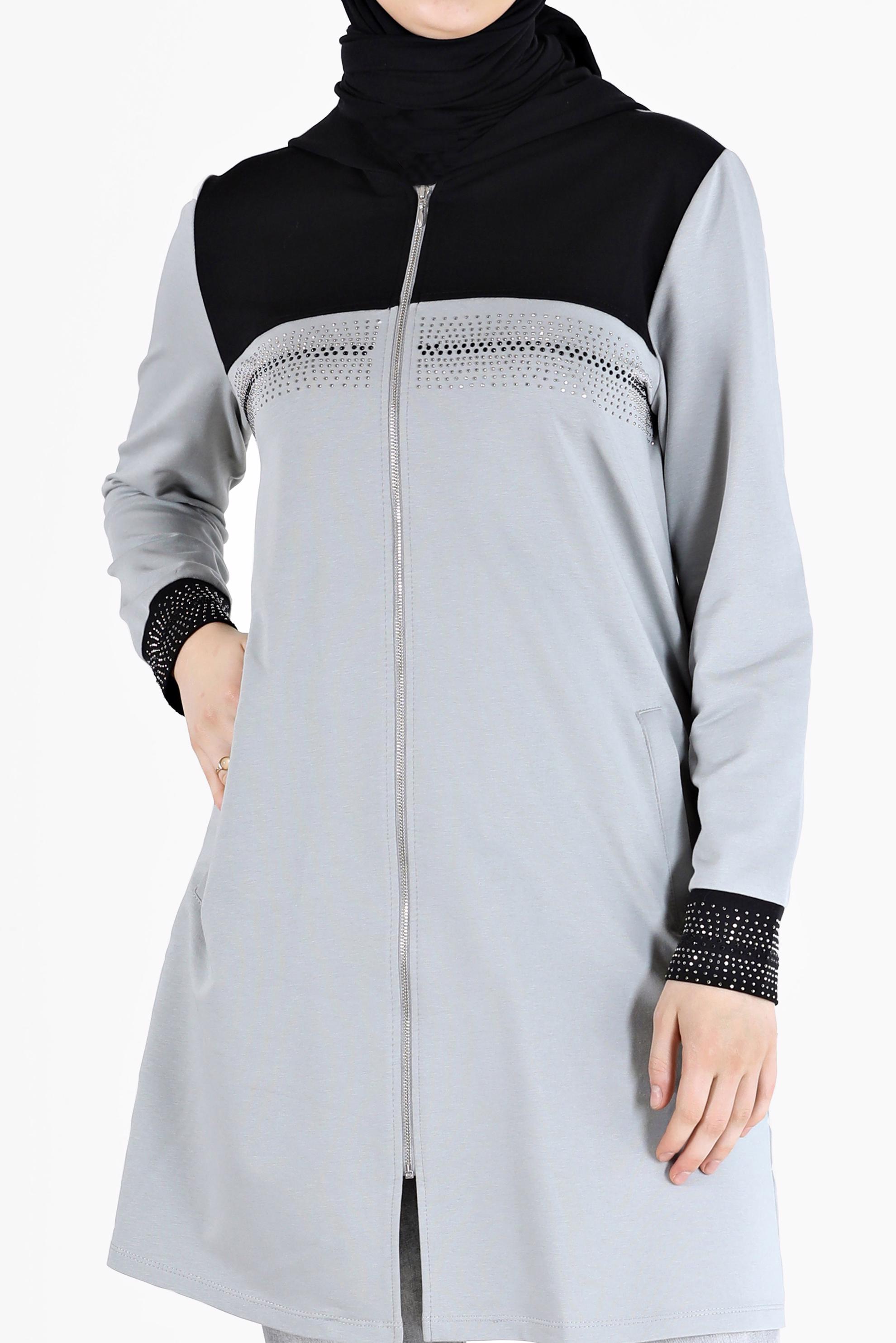 Tesettür giyim GÜMÜŞ TAŞ DETAYLI İKİ RENK EŞOFMAN TUNİK 42441 