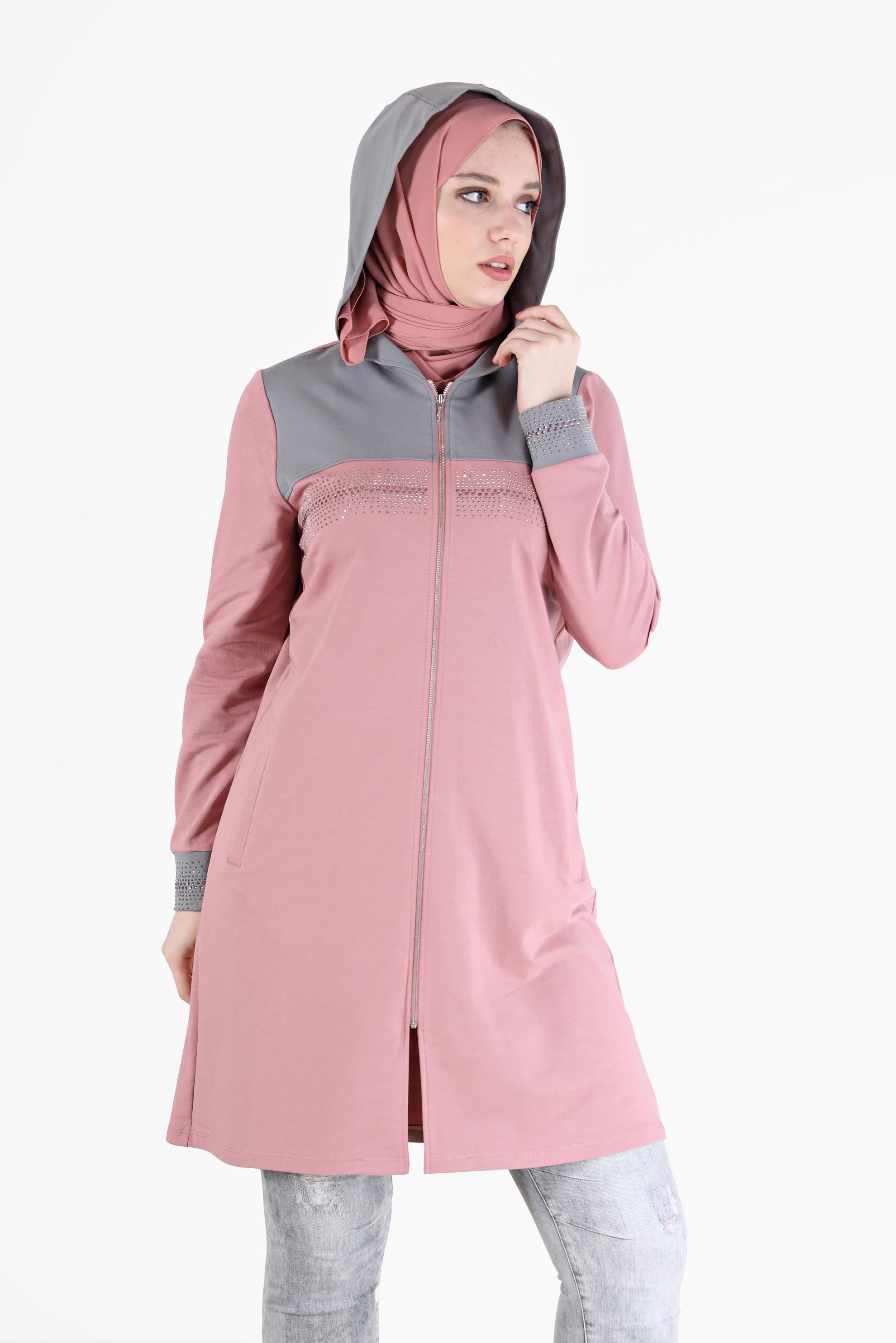 Tesettür giyim PEMBE TAŞ DETAYLI İKİ RENK EŞOFMAN TUNİK 42441 