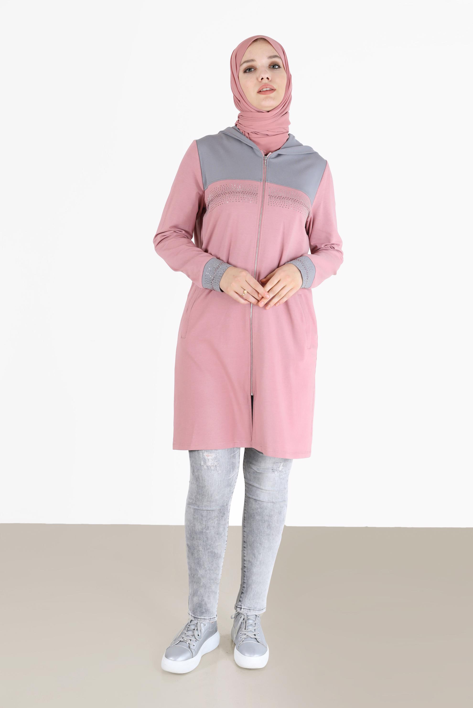 Tesettür giyim PEMBE TAŞ DETAYLI İKİ RENK EŞOFMAN TUNİK 42441 