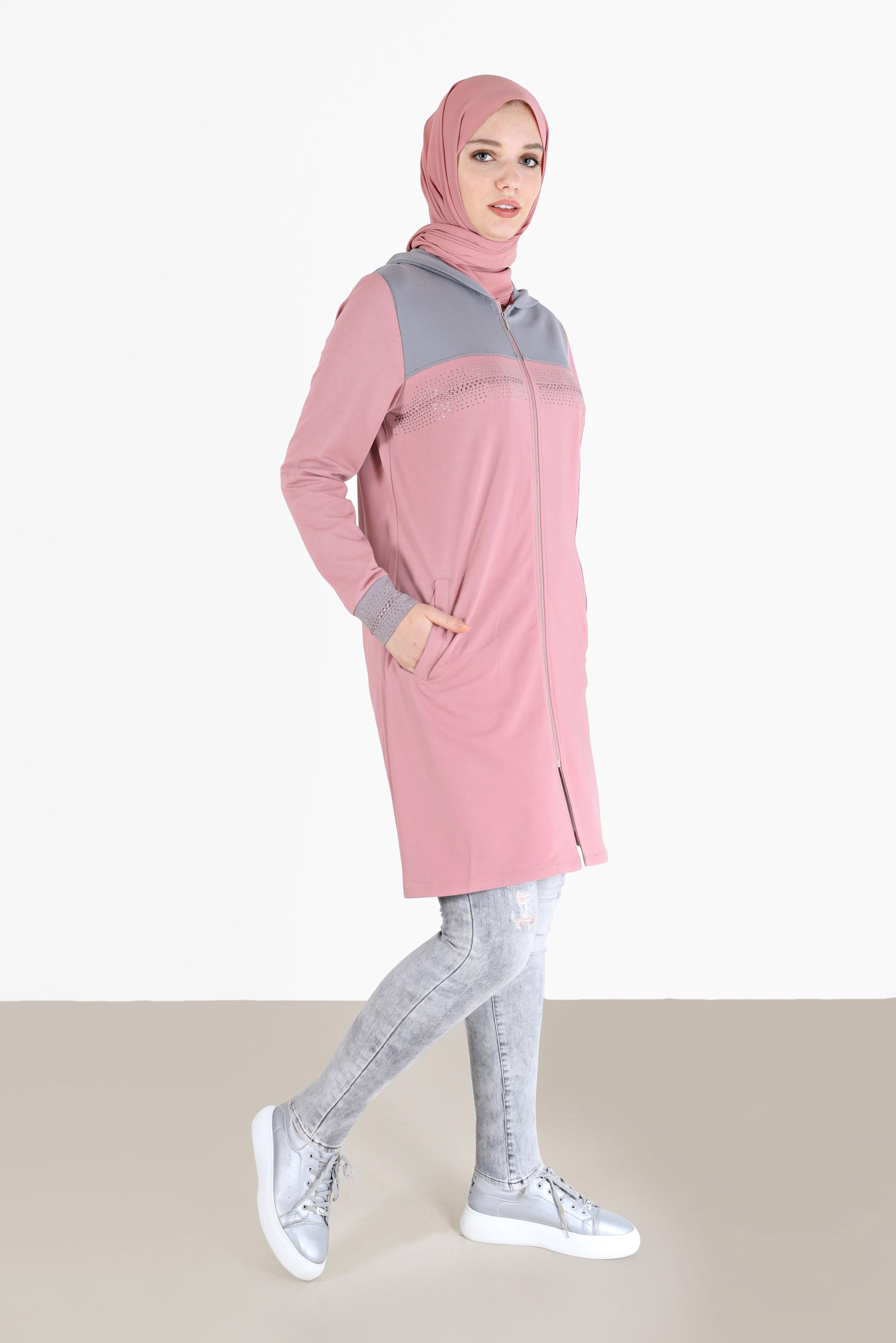 Tesettür giyim PEMBE TAŞ DETAYLI İKİ RENK EŞOFMAN TUNİK 42441 
