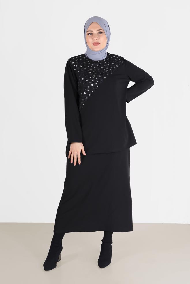 Vêtements hijab NOIR COSTUME JUPE 2 PIÈCES DÉTAIL MOTIF LÉOPARD 20192 - ALVİNA