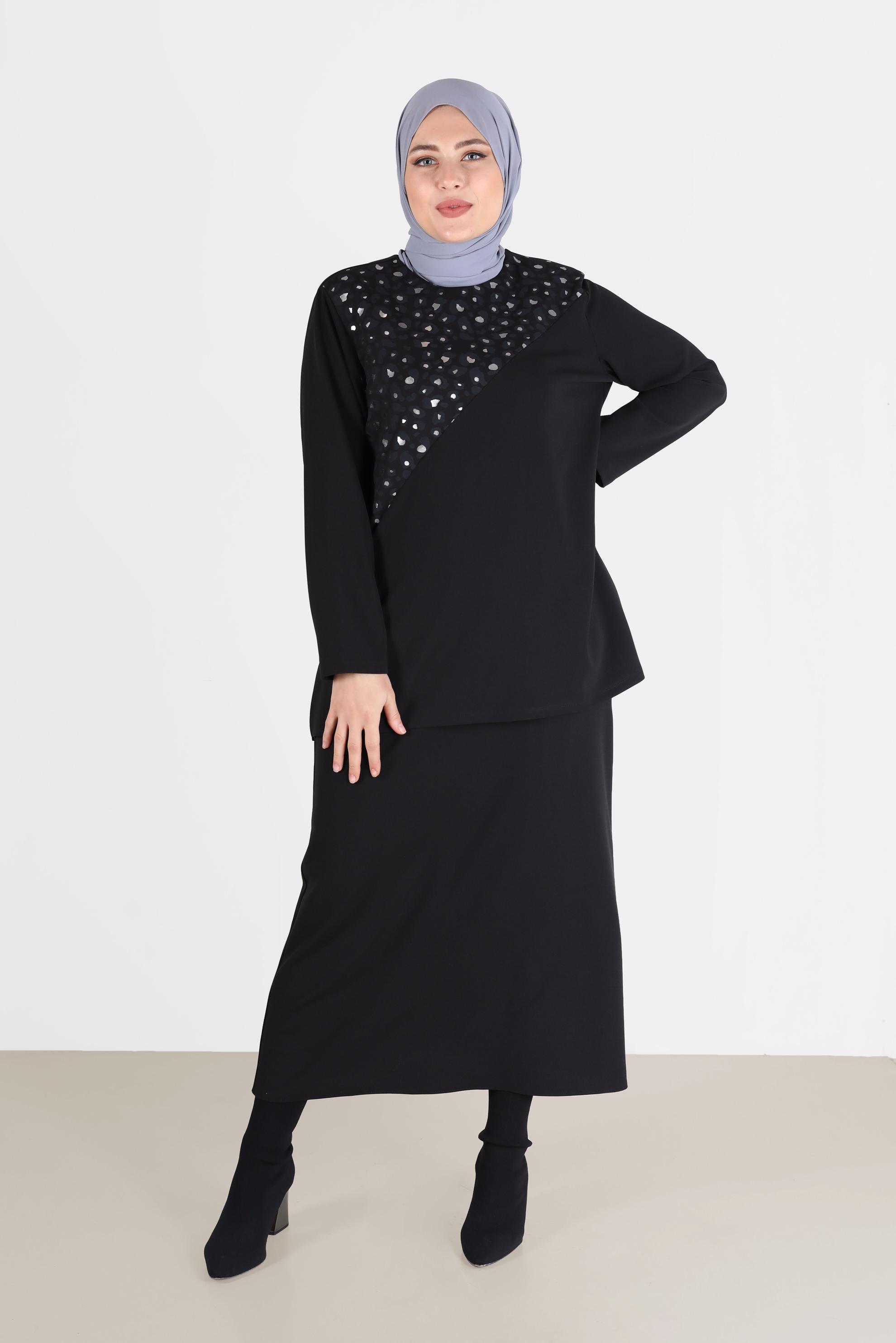 Vêtements hijab NOIR COSTUME JUPE 2 PIÈCES DÉTAIL MOTIF LÉOPARD 20192