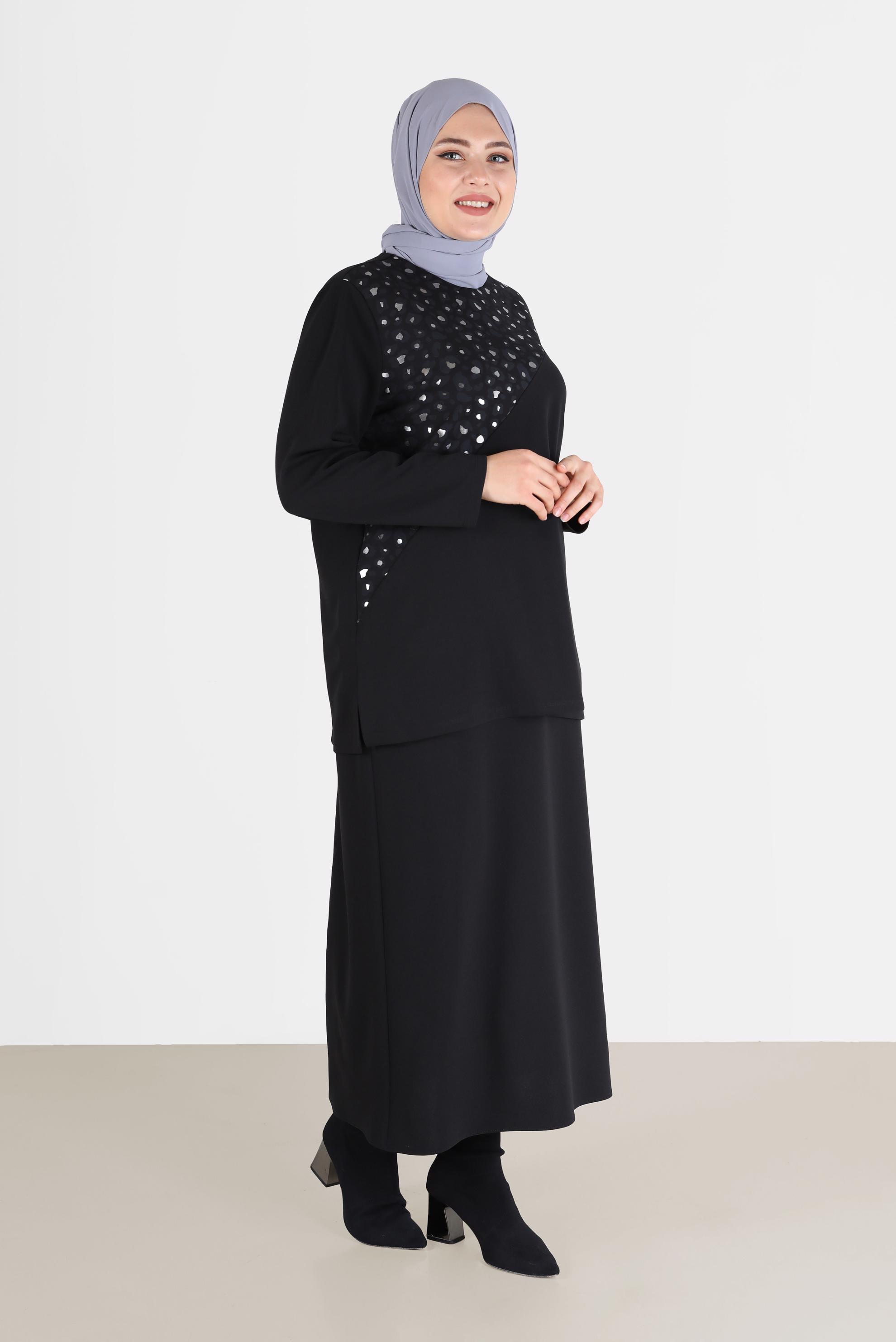 Vêtements hijab NOIR COSTUME JUPE 2 PIÈCES DÉTAIL MOTIF LÉOPARD 20192
