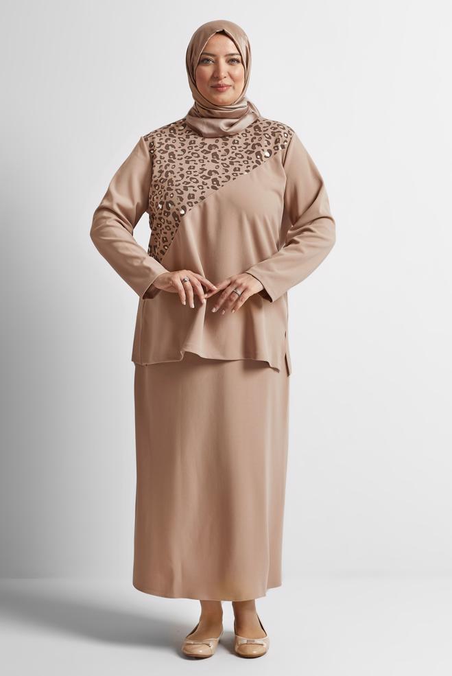 Hijab clothing BEIGE LEOPARD PATTERN DETAIL 2-PIECE SKIRTED SUIT 20192  - ALVİNA