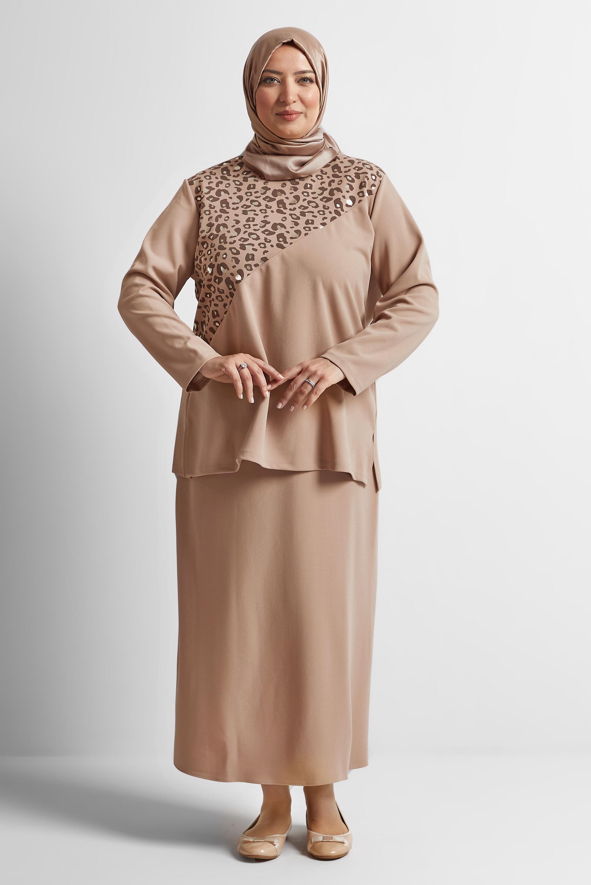 Vêtements hijab BEIGE COSTUME JUPE 2 PIÈCES DÉTAIL MOTIF LÉOPARD 20192