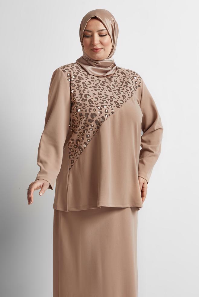 Hijab clothing BEIGE LEOPARD PATTERN DETAIL 2-PIECE SKIRTED SUIT 20192  - ALVİNA