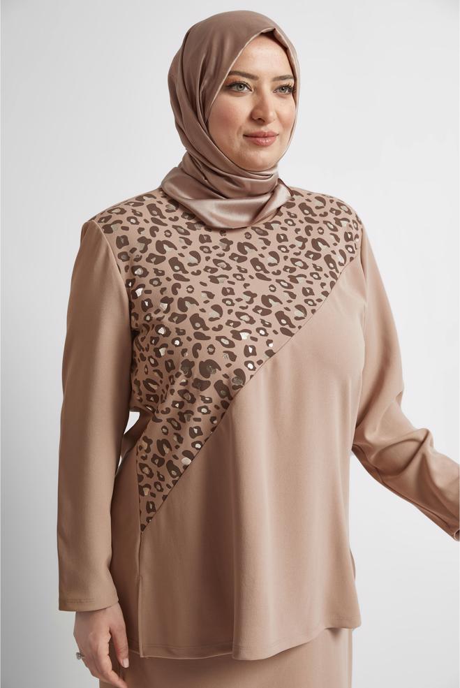 Hijab clothing BEIGE LEOPARD PATTERN DETAIL 2-PIECE SKIRTED SUIT 20192  - ALVİNA