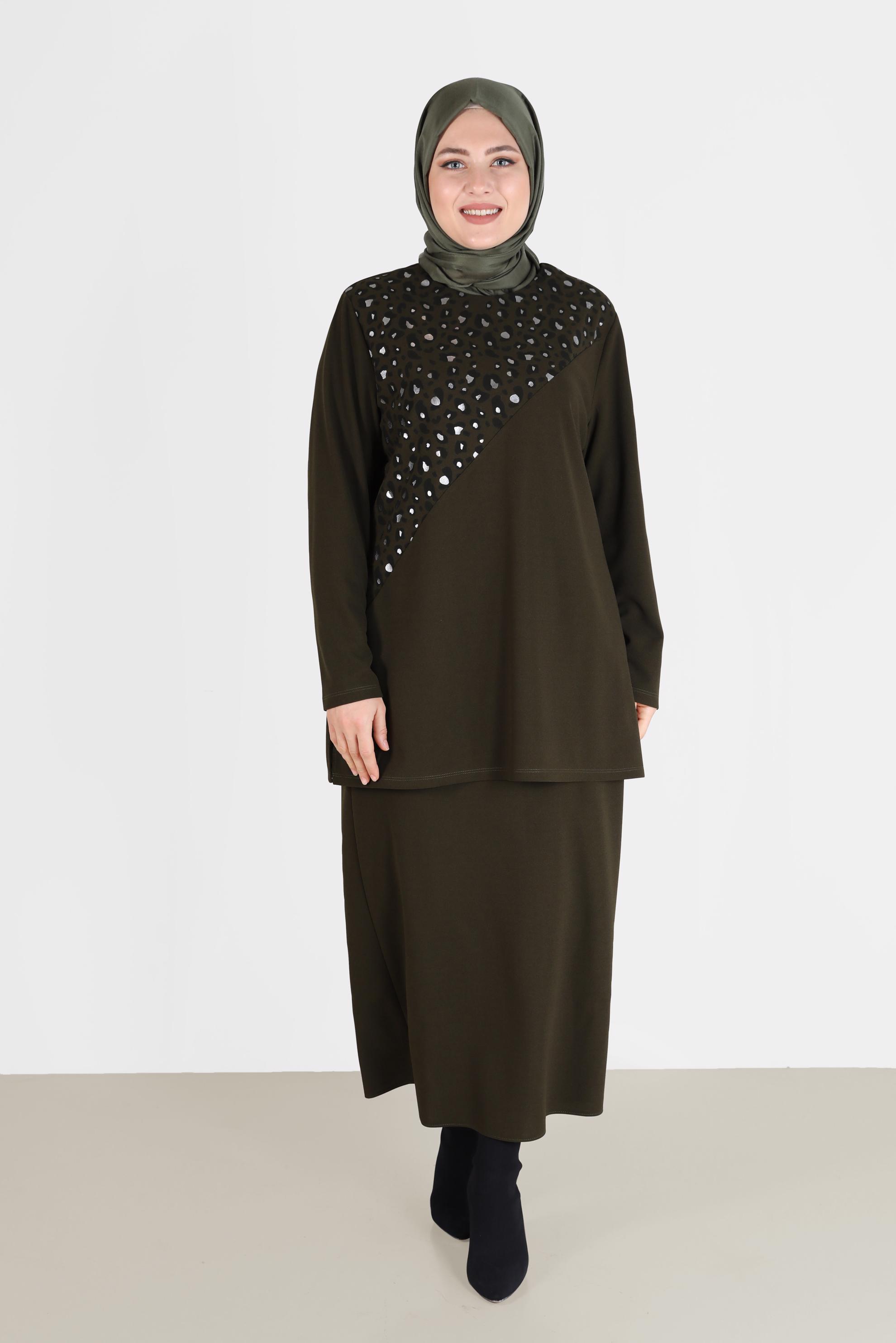 Vêtements hijab KAKI COSTUME JUPE 2 PIÈCES DÉTAIL MOTIF LÉOPARD 20192