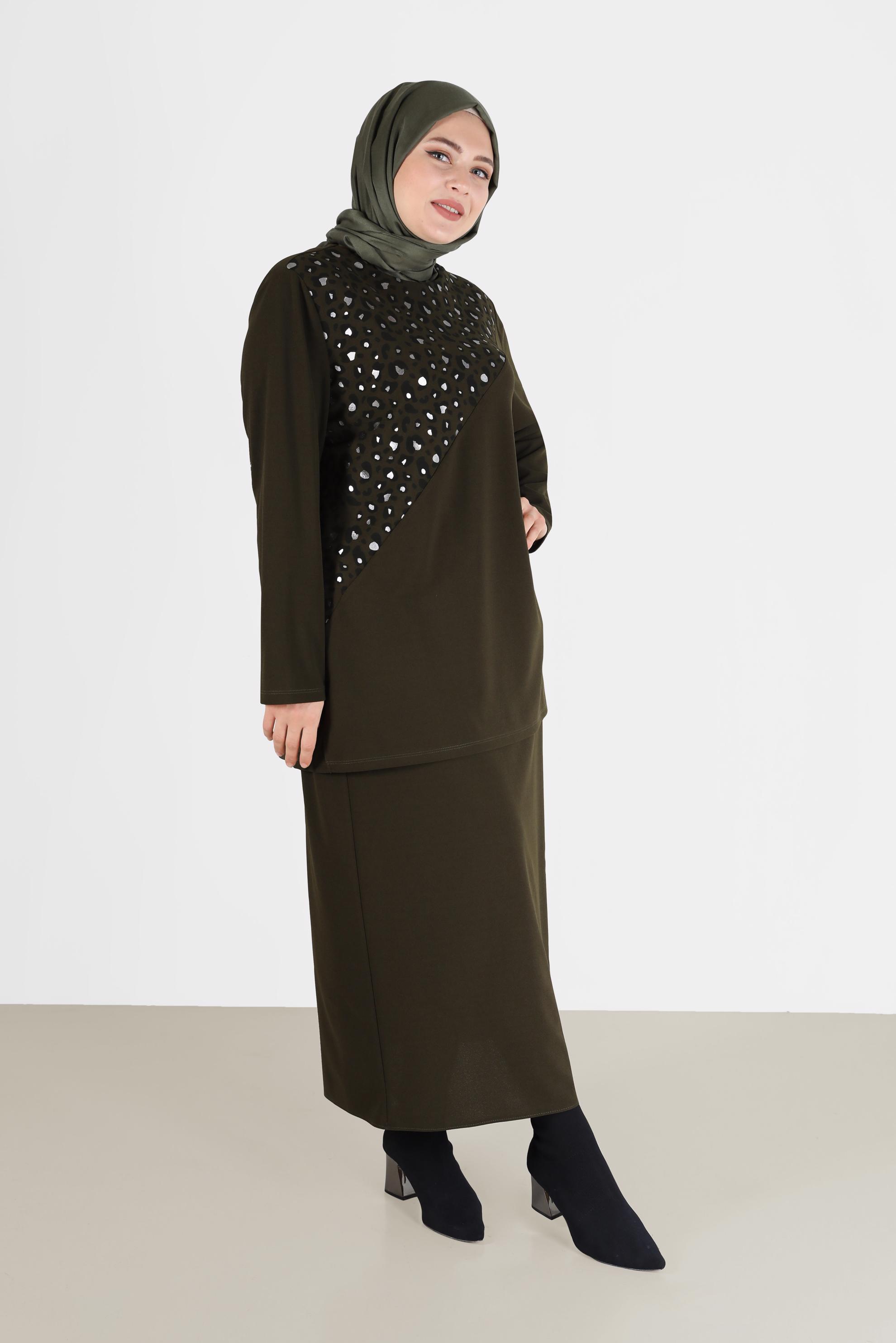 Vêtements hijab KAKI COSTUME JUPE 2 PIÈCES DÉTAIL MOTIF LÉOPARD 20192