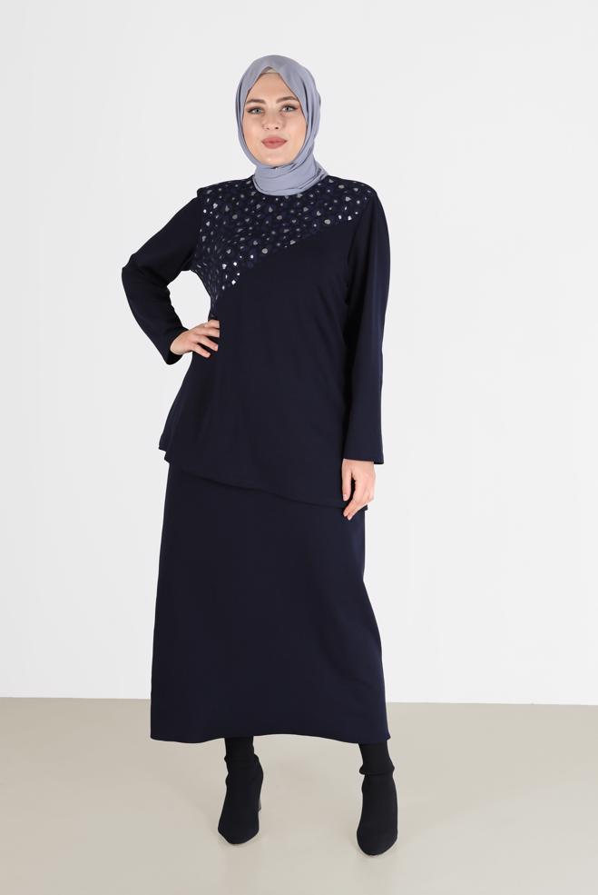 Vêtements hijab BLEU MARINE COSTUME JUPE 2 PIÈCES DÉTAIL MOTIF LÉOPARD 20192 - ALVİNA