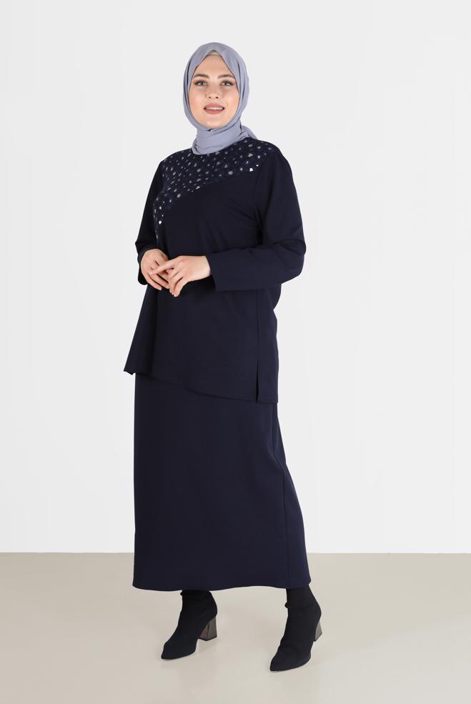 Vêtements hijab BLEU MARINE COSTUME JUPE 2 PIÈCES DÉTAIL MOTIF LÉOPARD 20192 - ALVİNA
