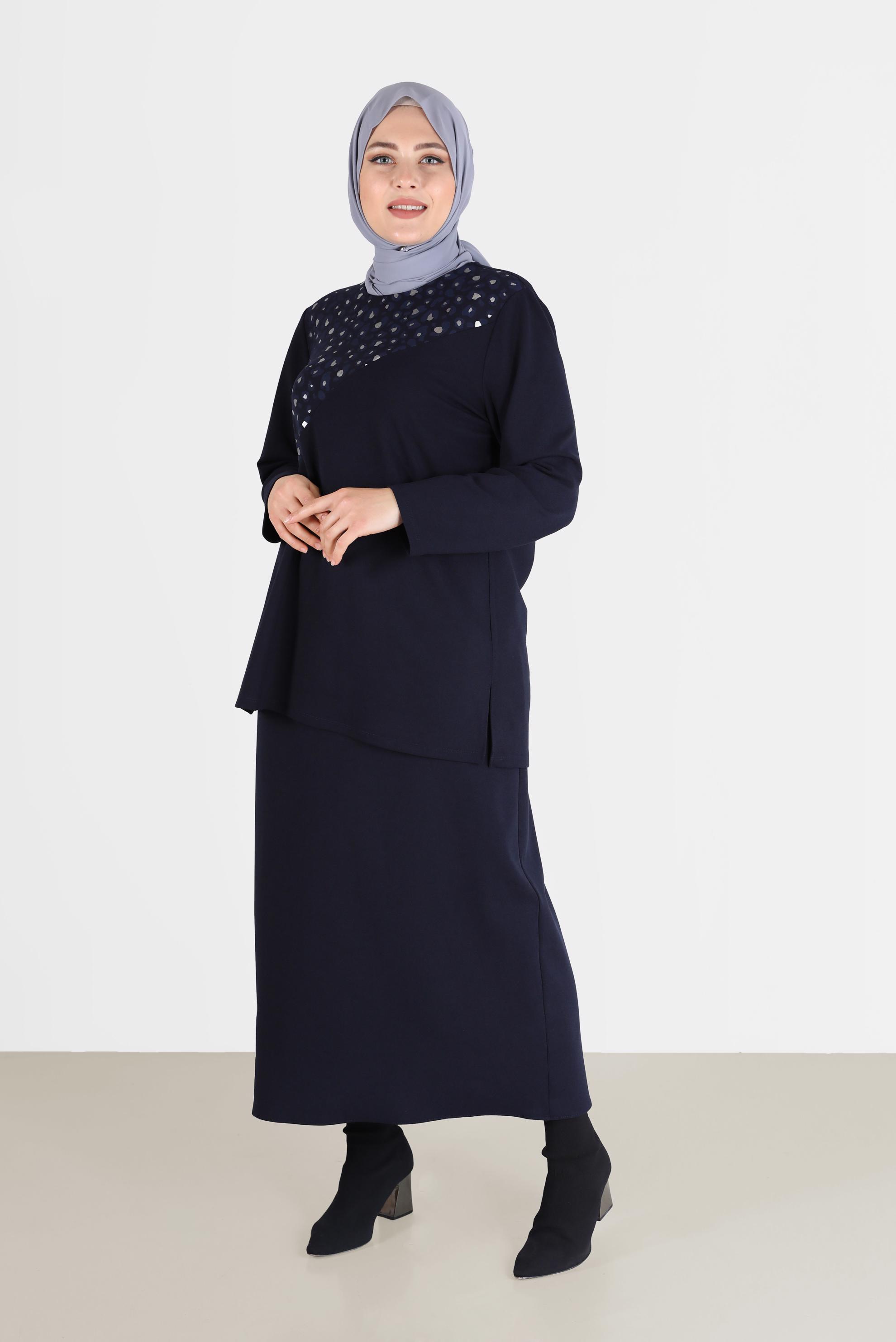 Hijab clothing NAVY BLUE LEOPARD PATTERN DETAIL 2-PIECE SKIRTED SUIT 20192 