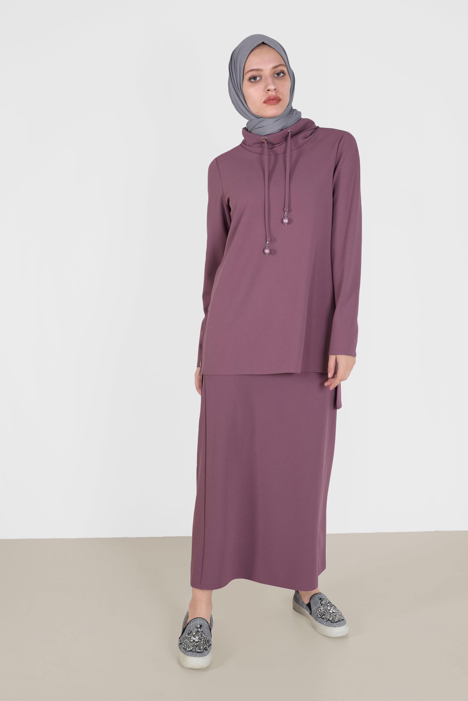 Tesettür giyim MOR YANLARI DÜĞME DETAYLI İKİLİ ETEKLİ TAKIM 42163 