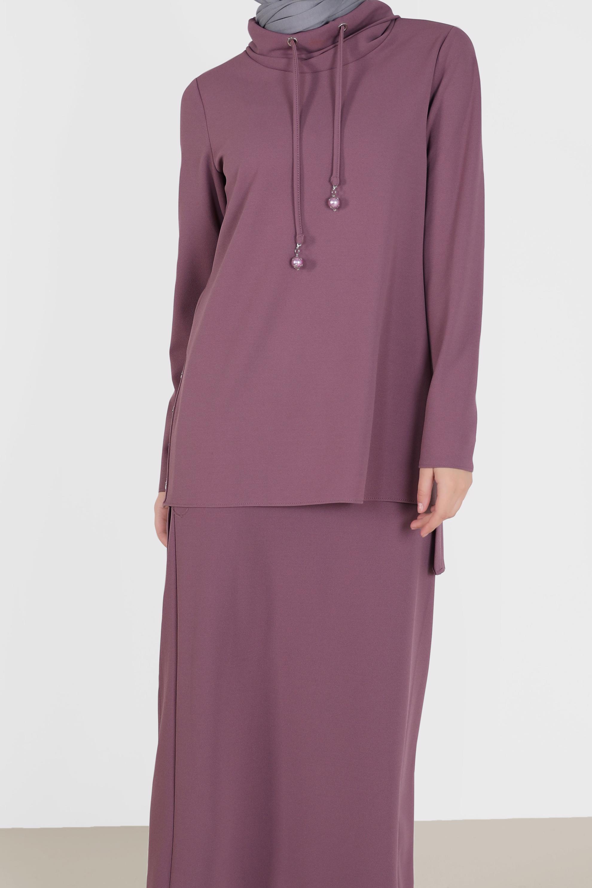 Tesettür giyim MOR YANLARI DÜĞME DETAYLI İKİLİ ETEKLİ TAKIM 42163 