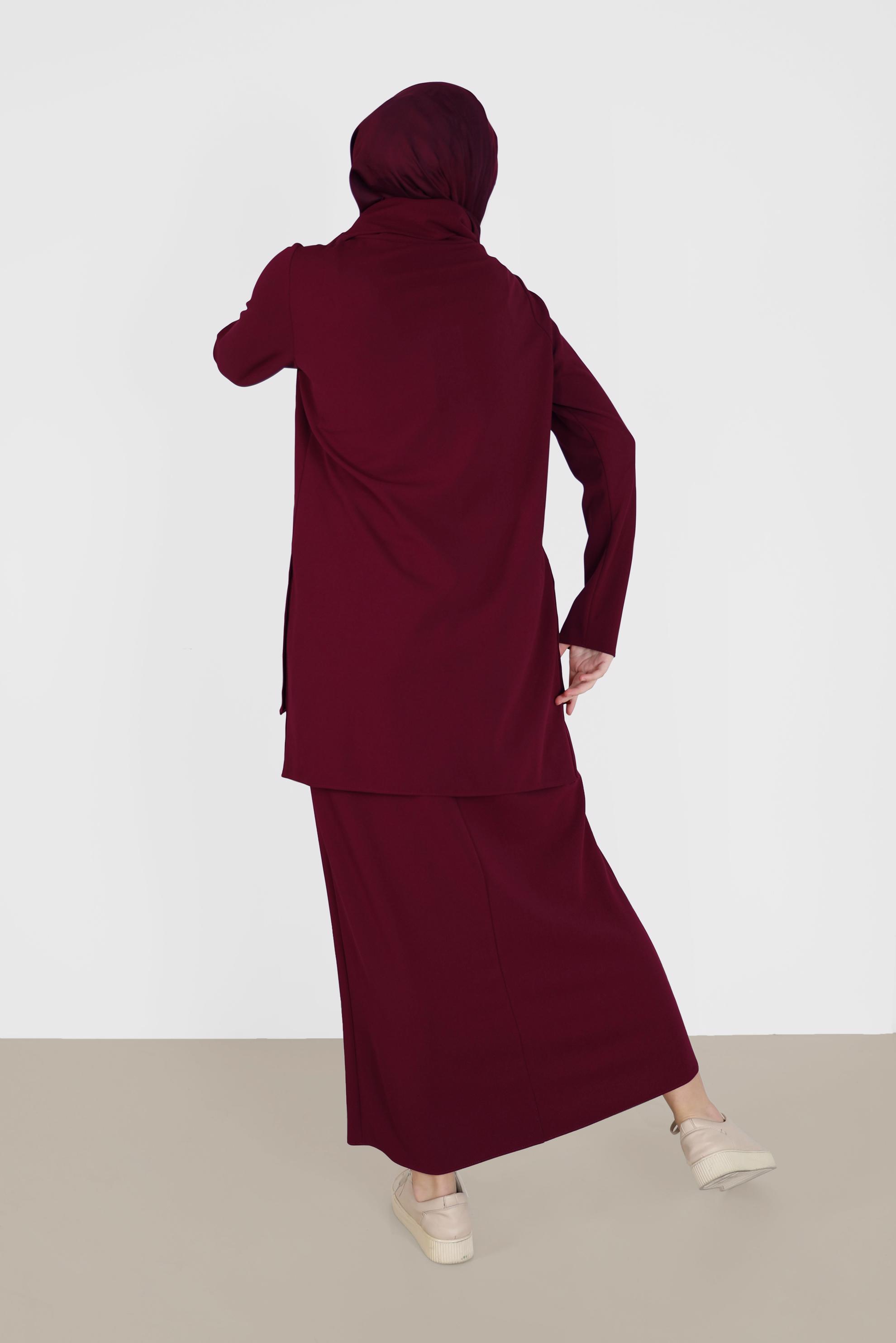 Tesettür giyim BORDO YANLARI DÜĞME DETAYLI İKİLİ ETEKLİ TAKIM 42163 