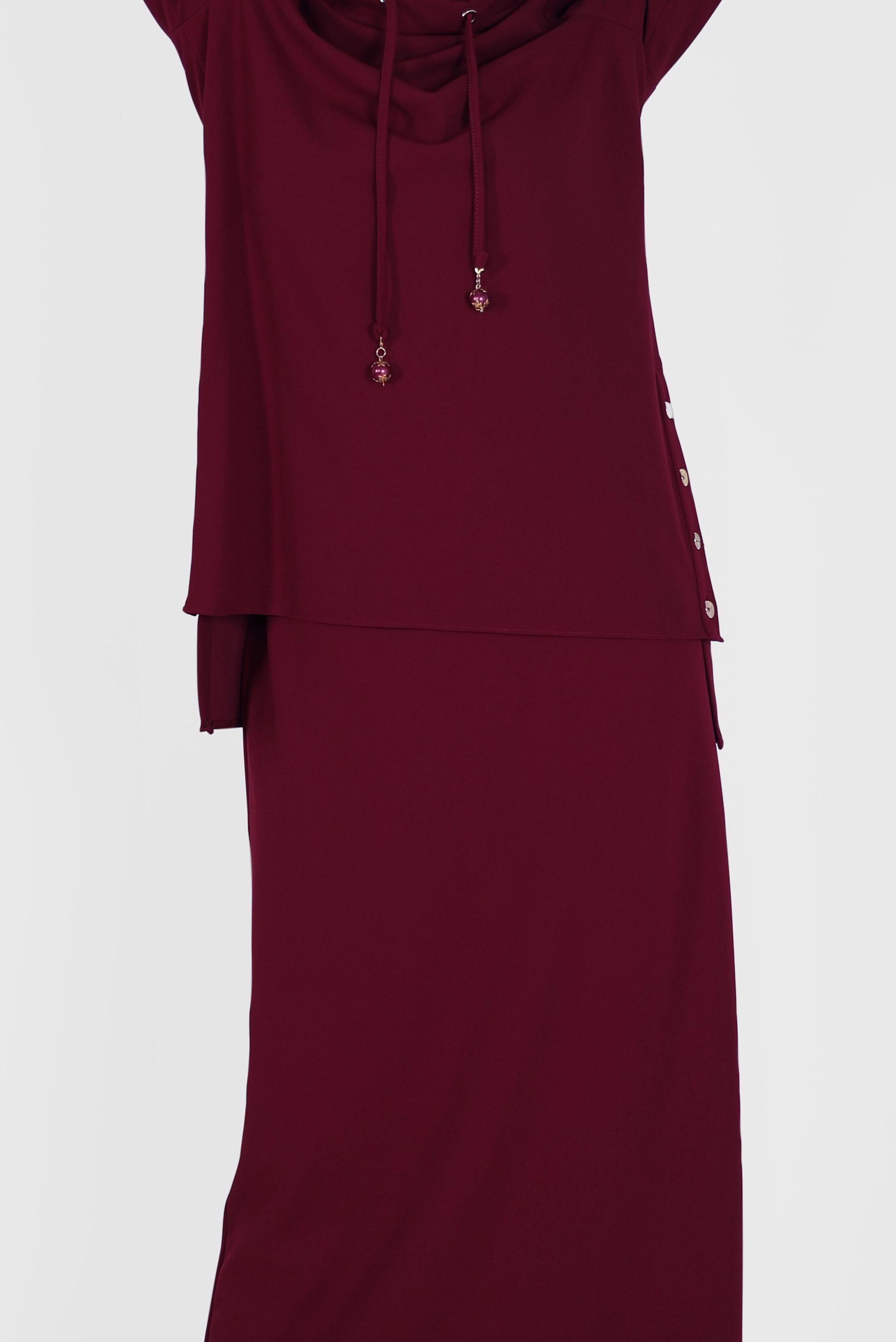 Tesettür giyim BORDO YANLARI DÜĞME DETAYLI İKİLİ ETEKLİ TAKIM 42163 