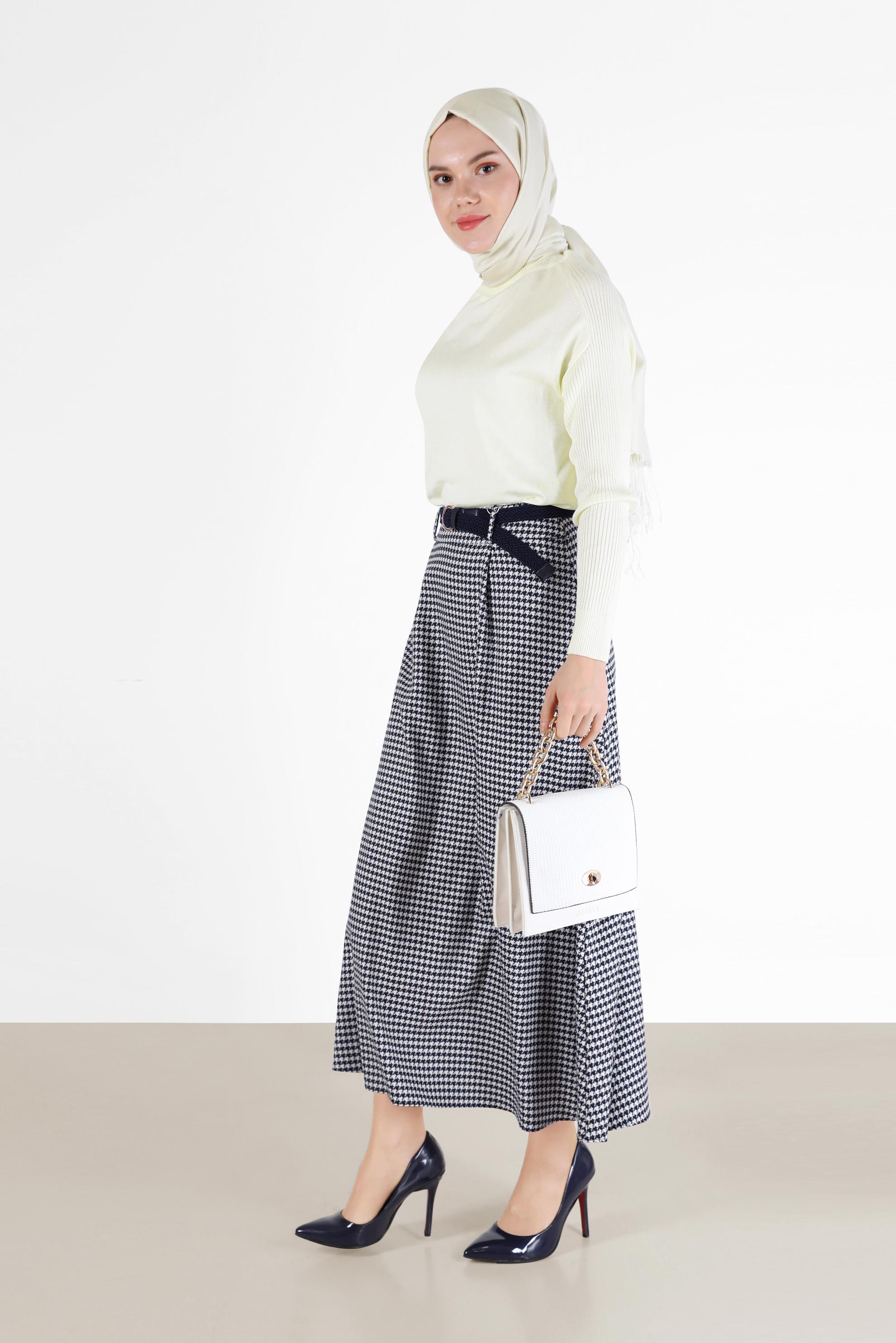 Tesettür giyim LACİVERT KAZAYAĞI DESEN ETEK 60203	