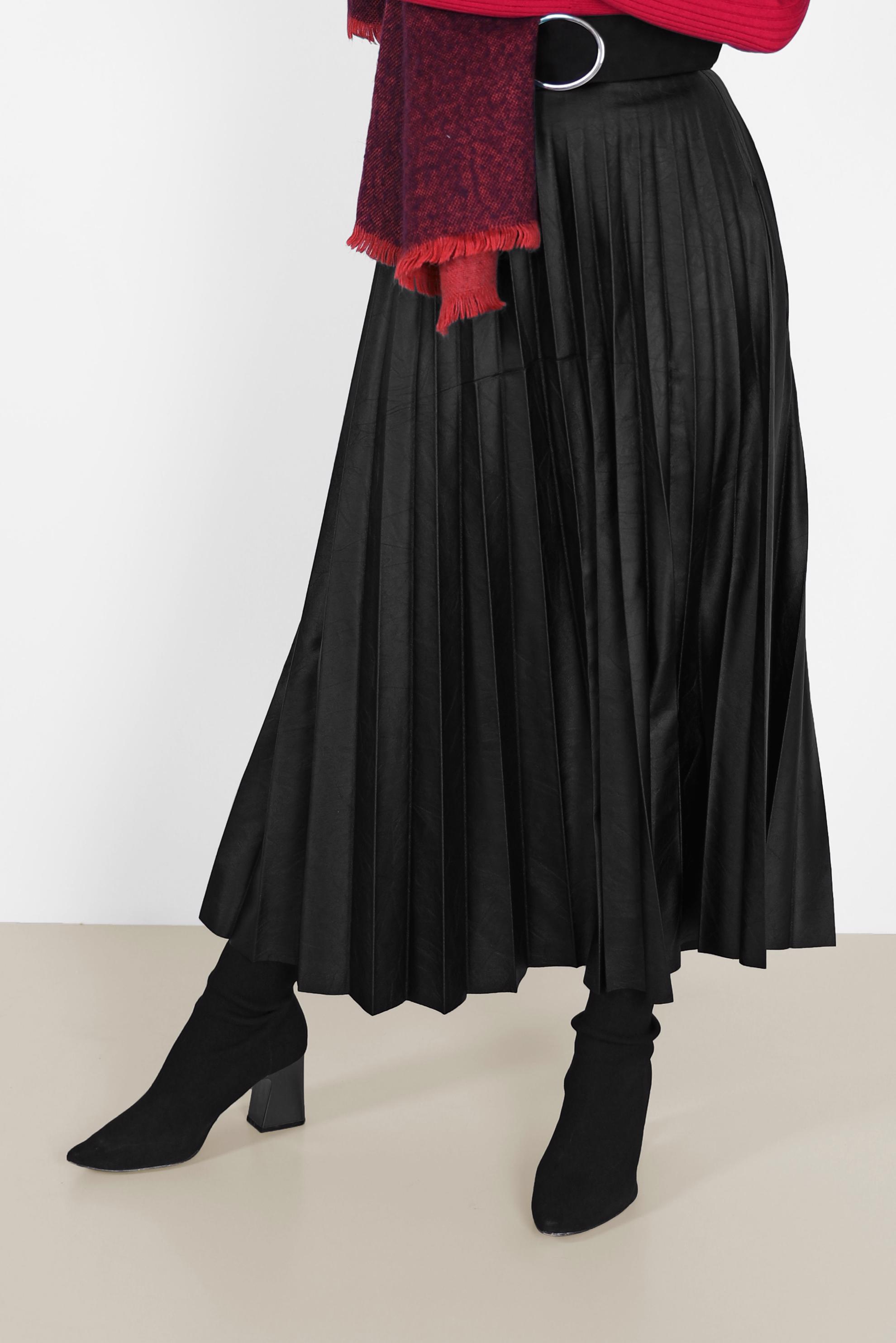 Tesettür giyim SİYAH PİLİSELİ DERİ ETEK 60205