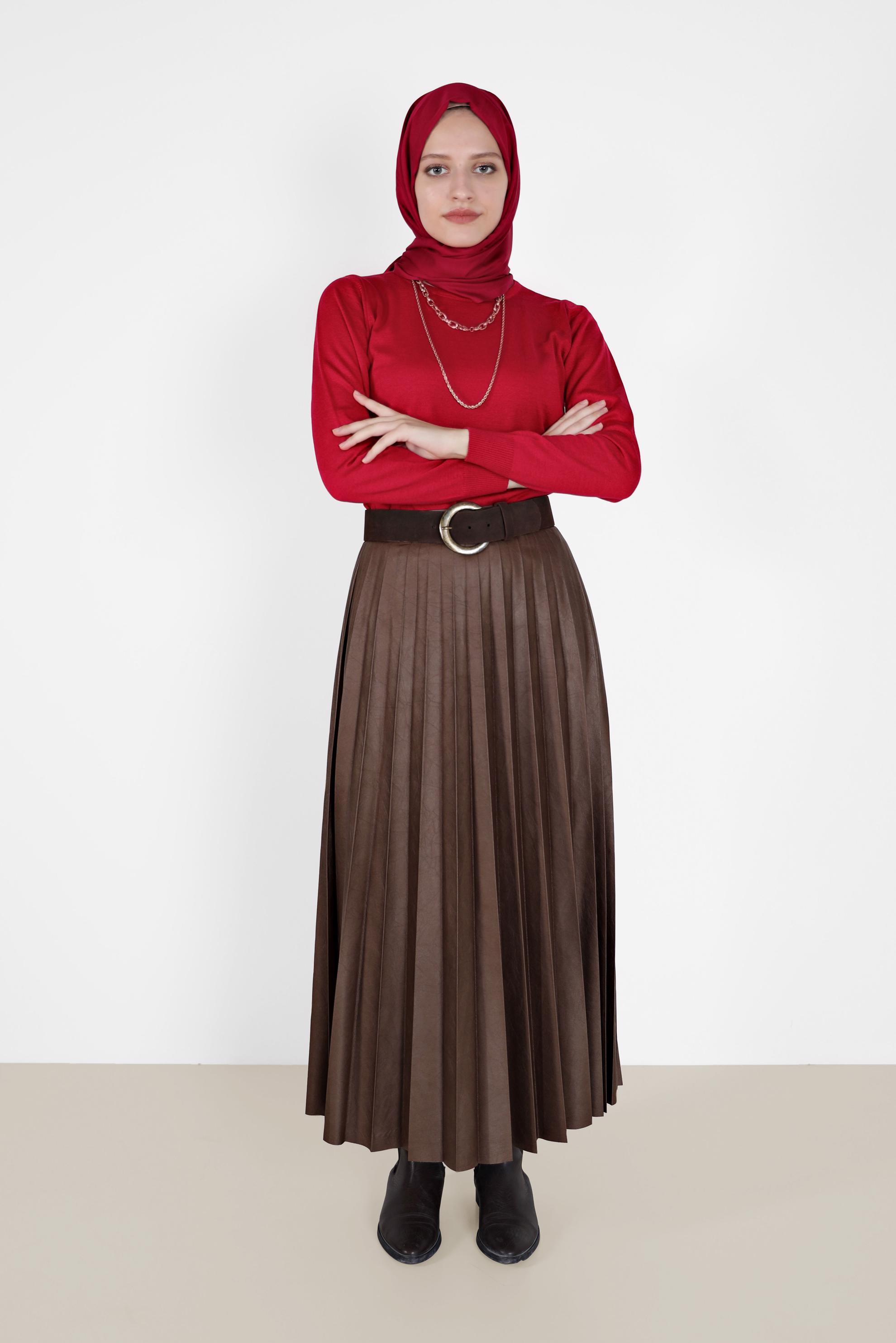 Tesettür giyim KAHVE PİLİSELİ DERİ ETEK 60205