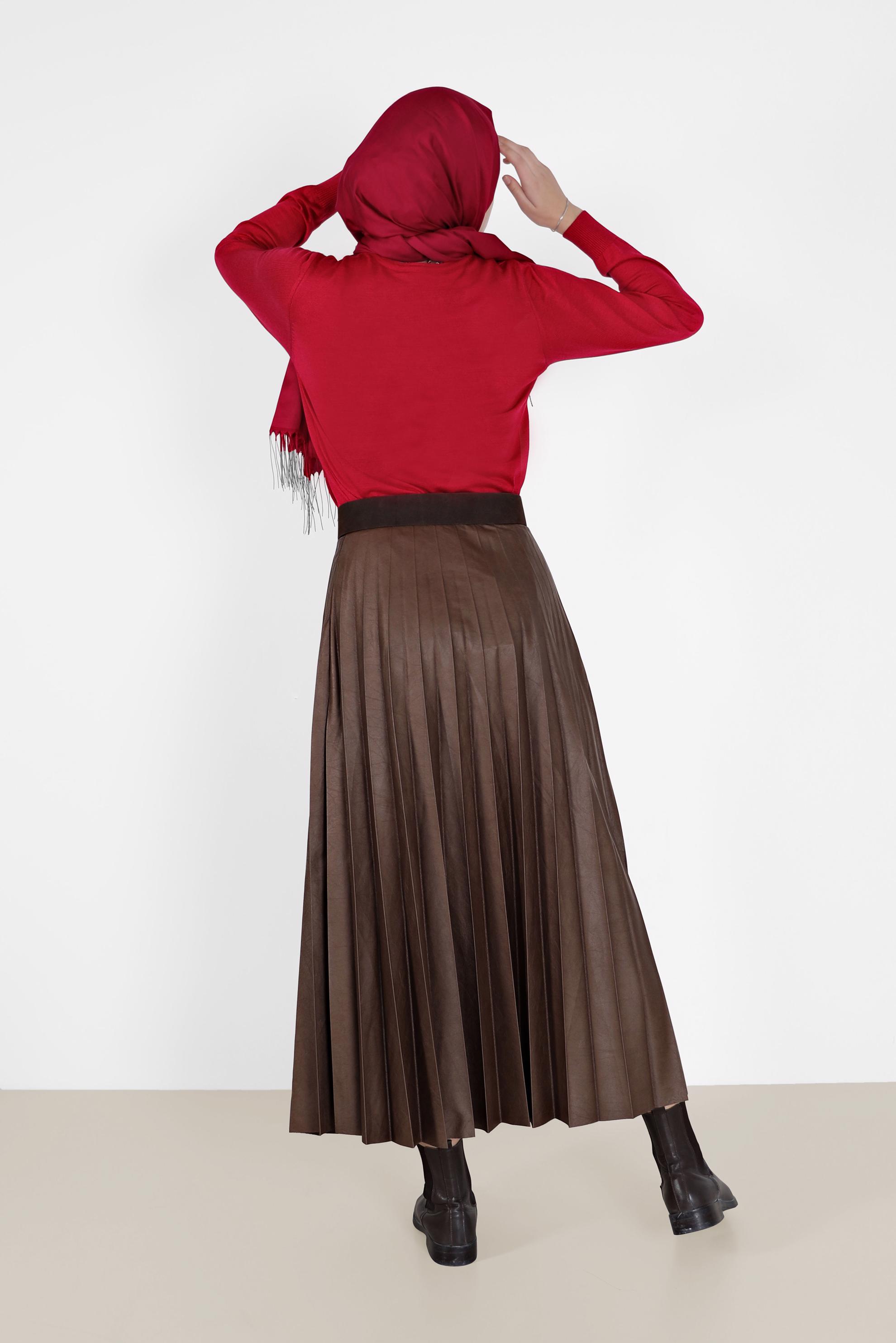 Tesettür giyim KAHVE PİLİSELİ DERİ ETEK 60205