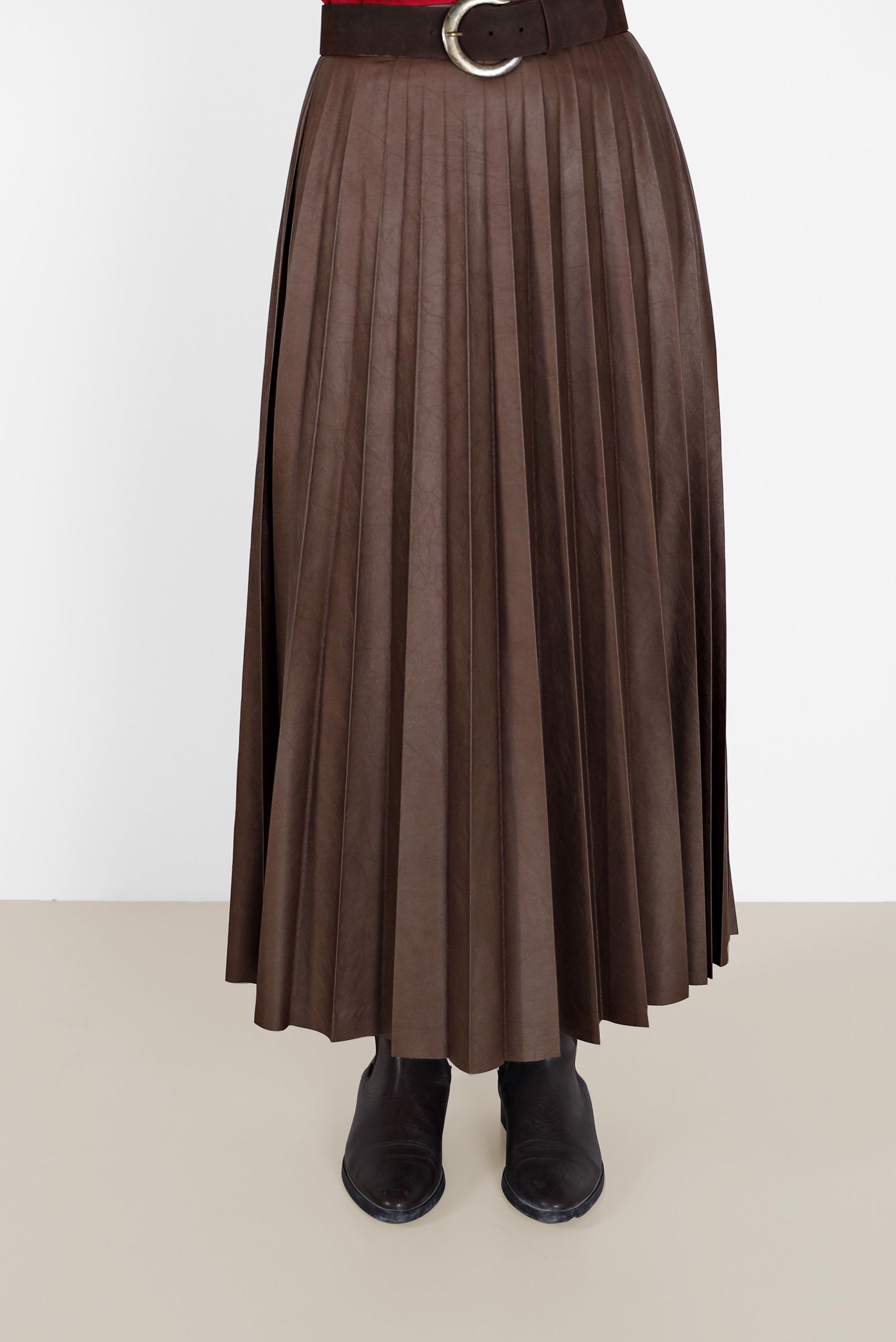 Tesettür giyim KAHVE PİLİSELİ DERİ ETEK 60205