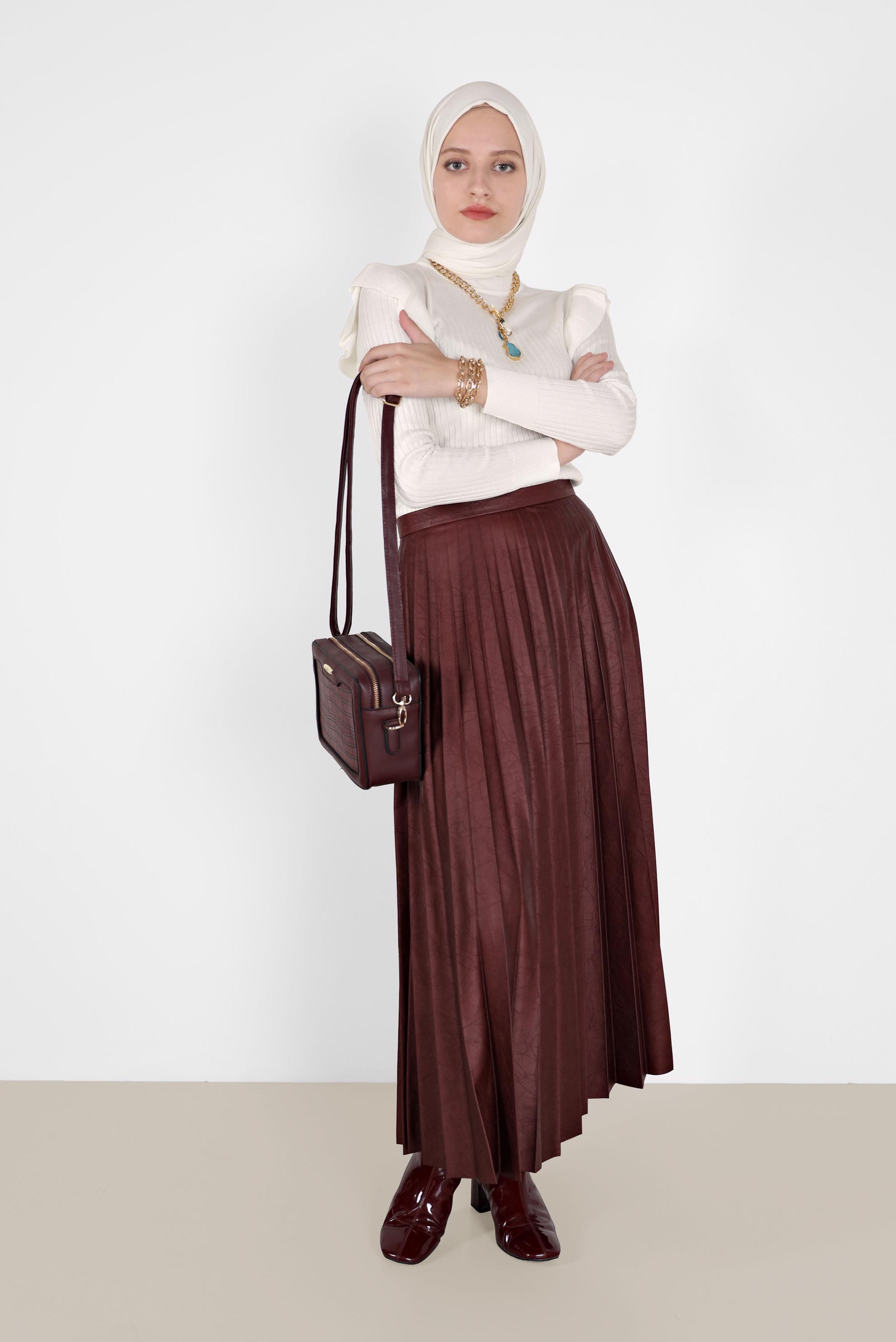 Hijab clothing CLARET RED PLEATED LEATHER SKIRT 60205